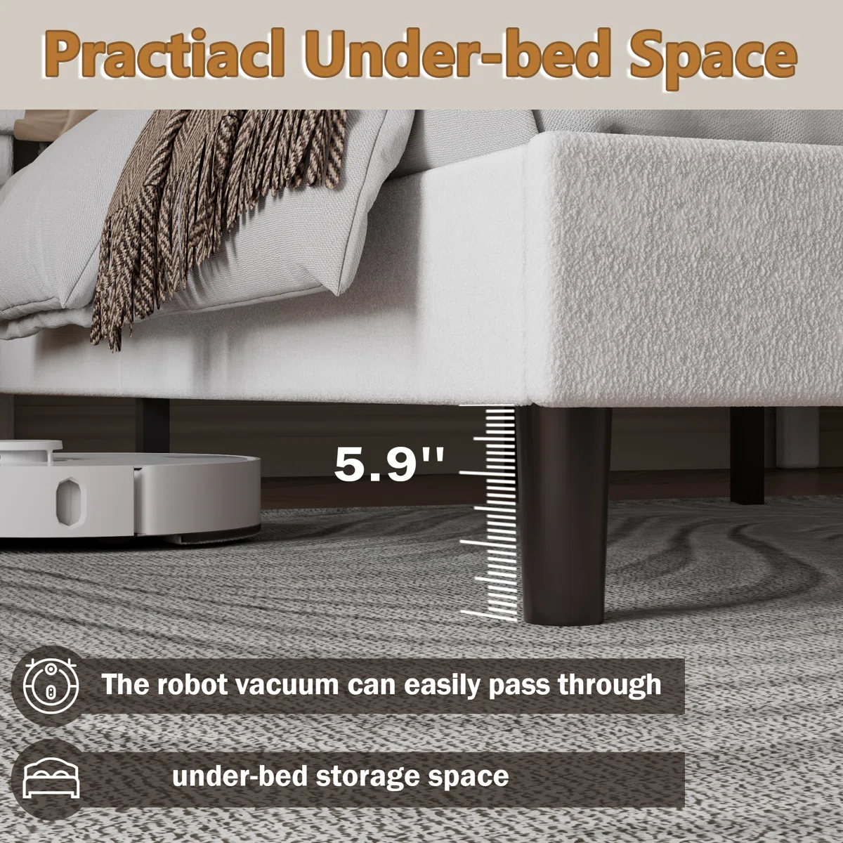 King Size Bed Frame With Teddy Velvet Soft Curved Headboard Platform Bed With Wooden Slats Support Easy Assembly Noise-free