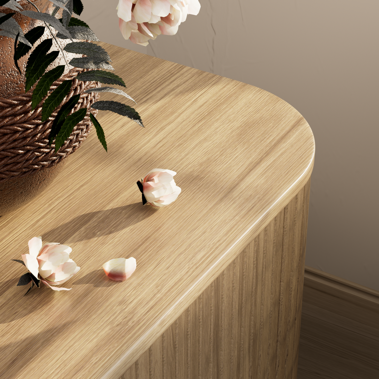 55 Inch Tambour Door TV Stand Oak Wood Media Cabinet for 65 Inch TV Arc Curved Edge Design Mid Century Modern Console with Open Shelves