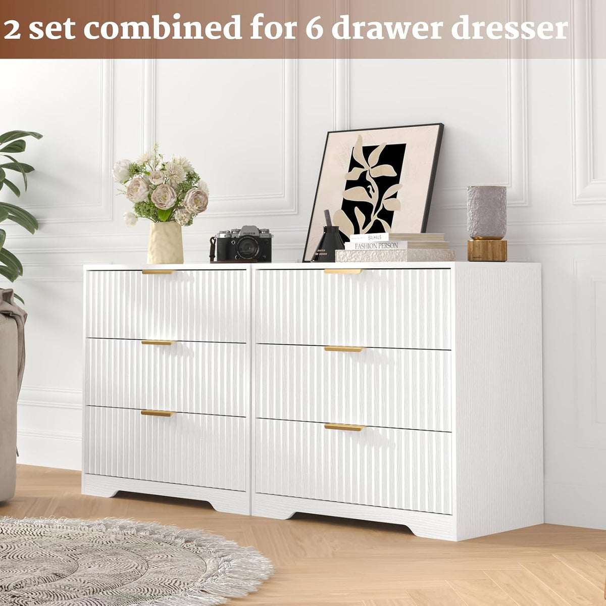 27-in Wide Fluted Night Stand 3 Drawers Large End Table with Storage White Nightstand Wood Bedside Tables Farmhouse Cabinet Dresser for Bedroom Closet