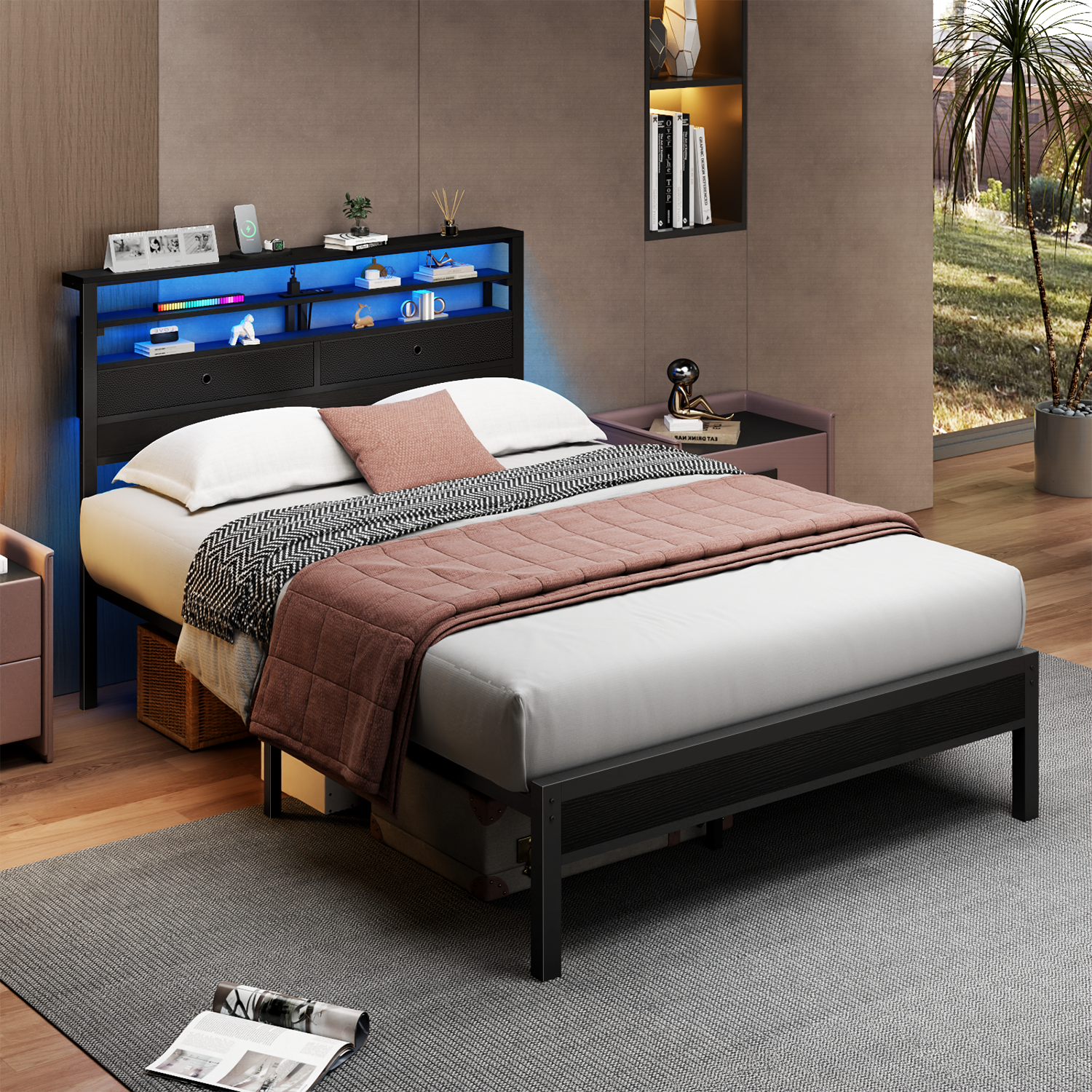 Furnulem Full Size Bed Frame with Headboard 2 Fabric Drawers Bed Featuring LED Lights Built-in Charging Station Storage Shelves No Box Spring Needed