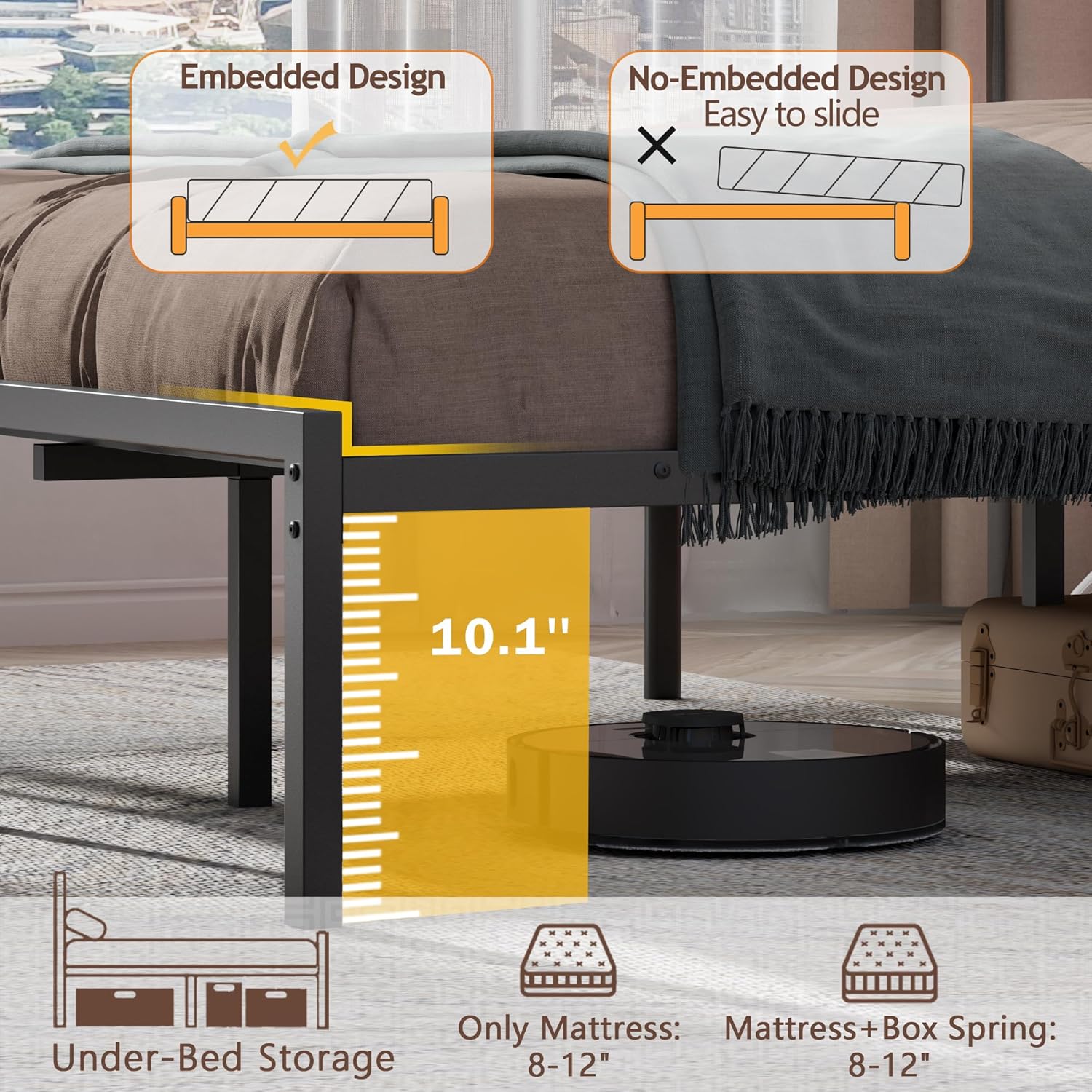 Queen&Full&Twin Bed Frames for Kids, Metal Platform Bed Frame Twin Size with Upholstered Headboard, Wood Storage Shelf, Charging Station and LED Lights, No Box Spring Needed, Black