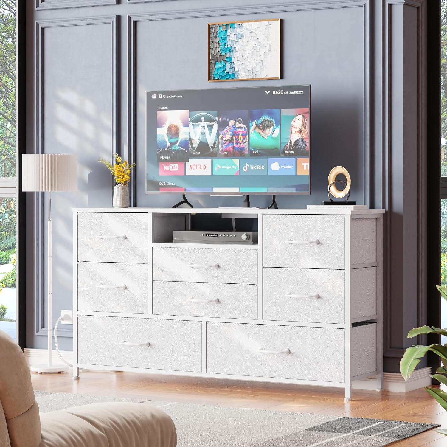 Furnulem 8-Drawer Dresser TV Stand with Power Outlets – Long Storage Cabinet for Bedroom or Living Room