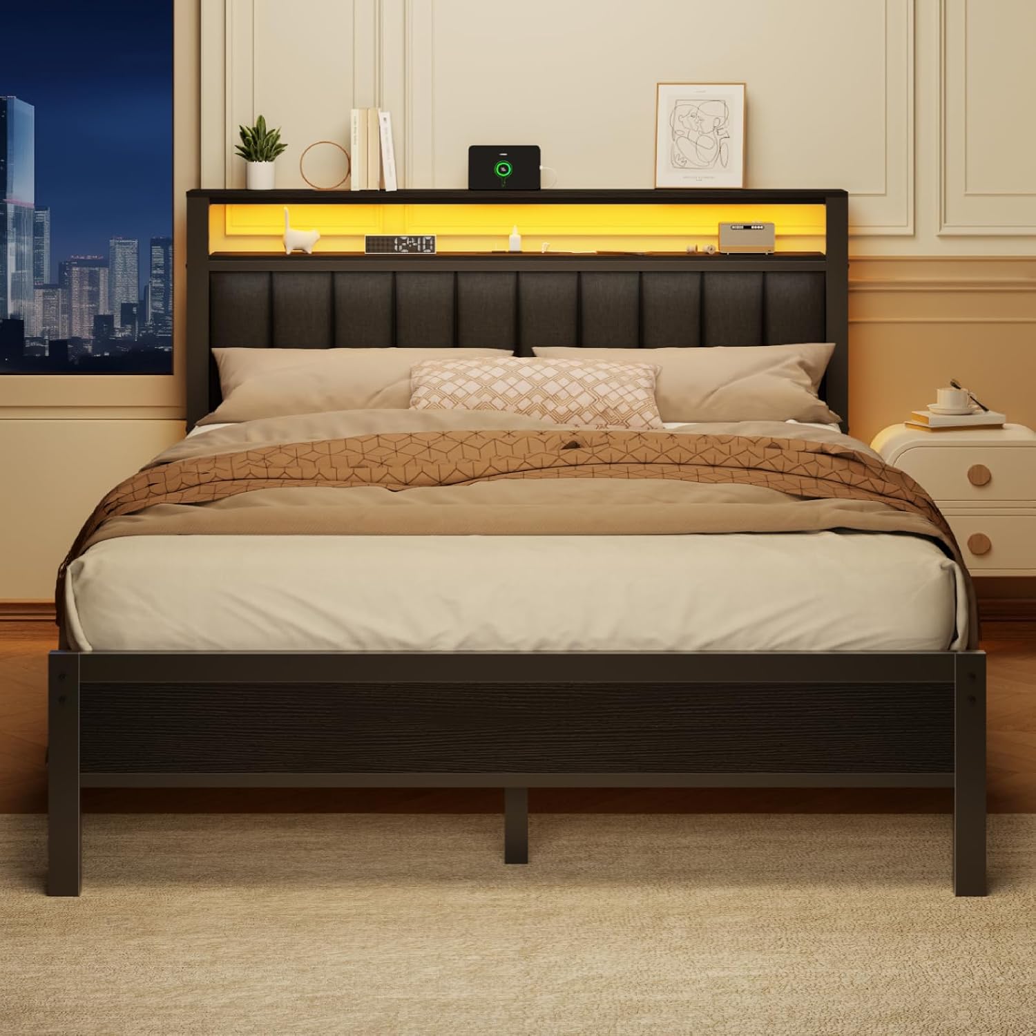 Furnulem Queen Size bed frame with charging station and LED light gray upholstered headboard two-tier storage shelves no spring mattress required