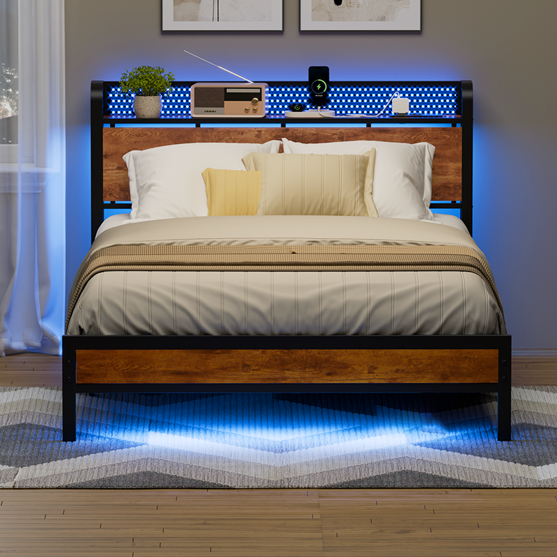 Furnulem LED Bed Frame Full Size with 2 USB Ports and Outlets Platform Metal Bed Frame No Box Spring Needed Noise-Free