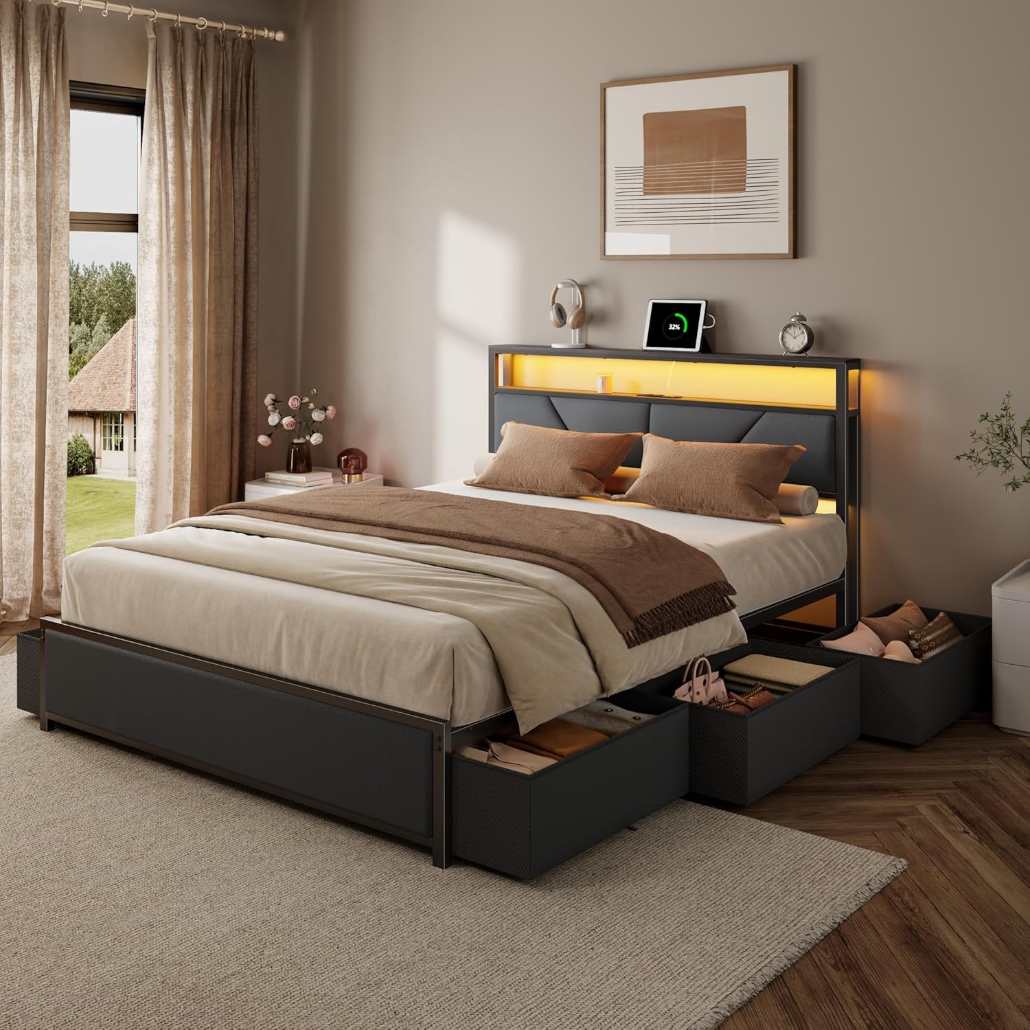 Queen Size Bed Frame with Storage Headboard and 6 Drawers Metal Platform Bed Frame with Charging Station and LED Lights PU Leather Upholstered