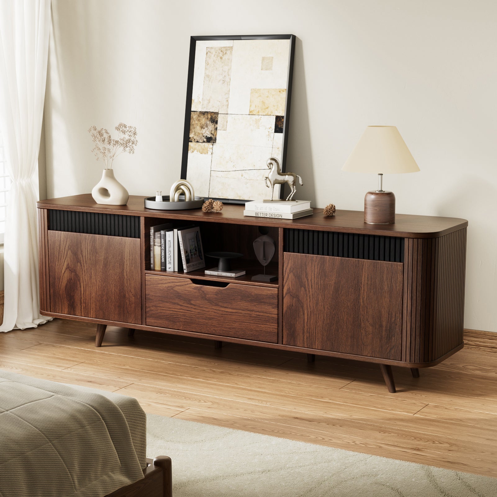 55-in TV Stand with Storage for TVs up to 65-in With Drawer slides Tambour Media Console With Charging Station Shelves Cable Management Wood Legs walnut