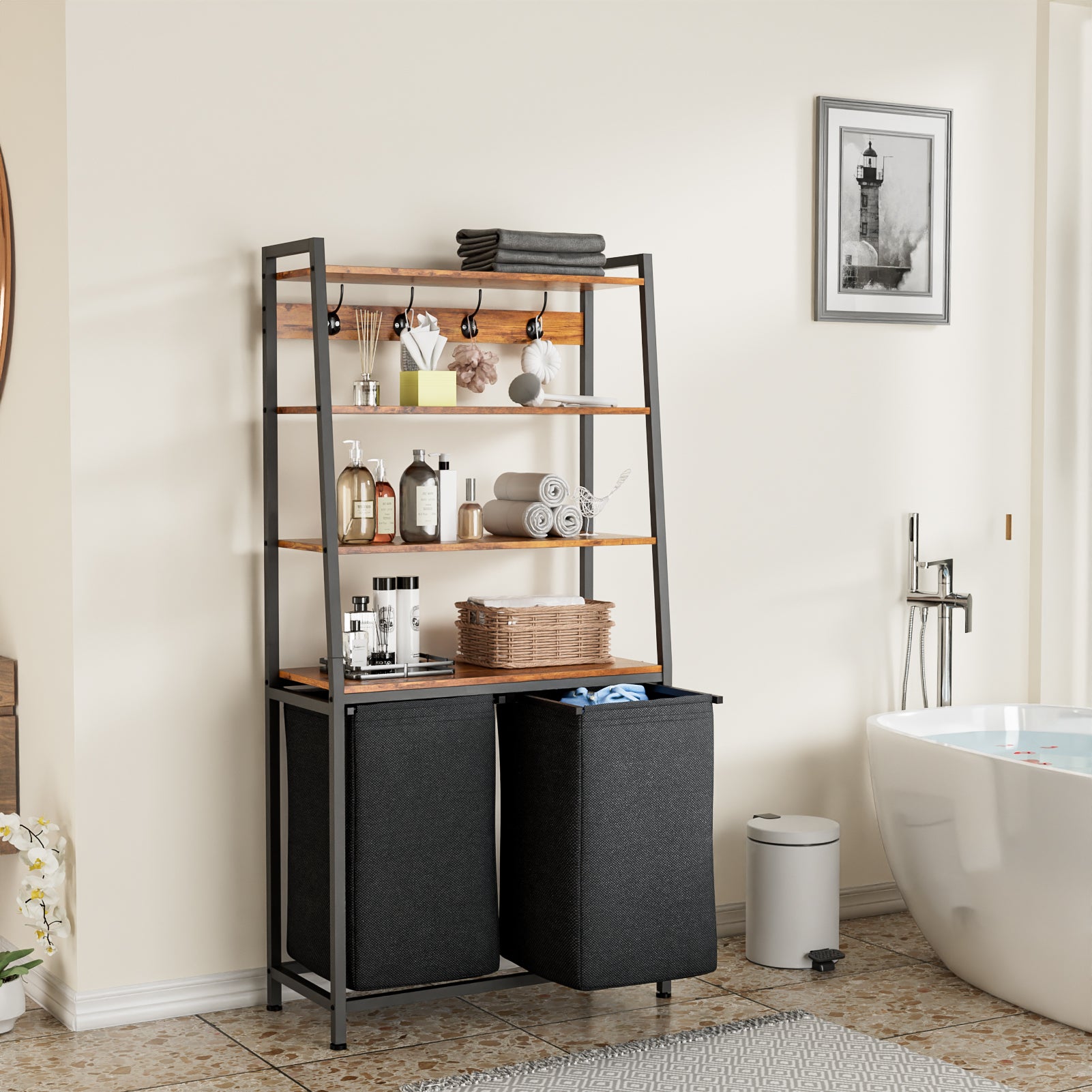 Double Laundry Hamper with Shelf 4 Tier Tall Laundry Basket Sorter with Two Removable Bags Clothing Storage Organizer and Hooks for Bathroom Bedroom