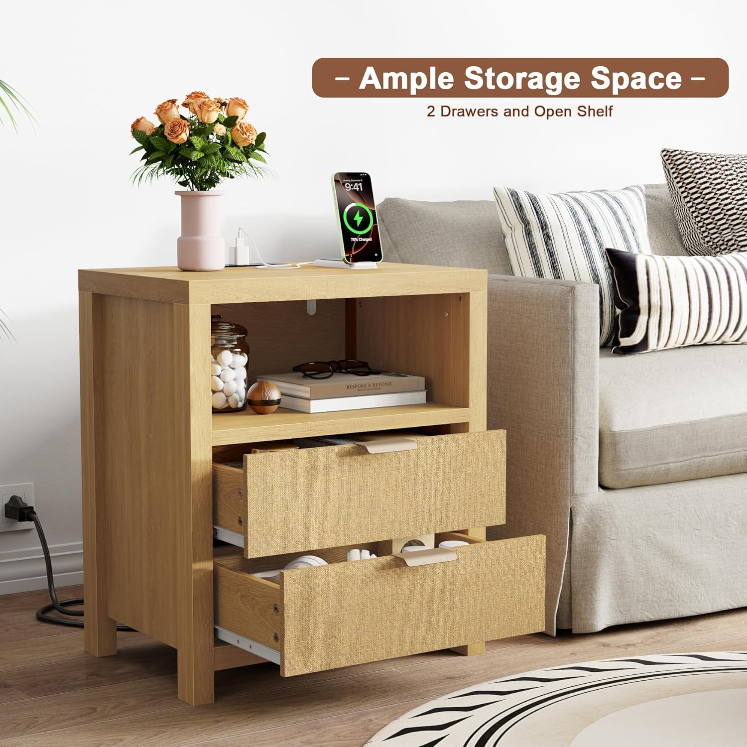 Furnulem Rattan Nightstand with Charging Station – 2-Drawer Boho Bedside Table