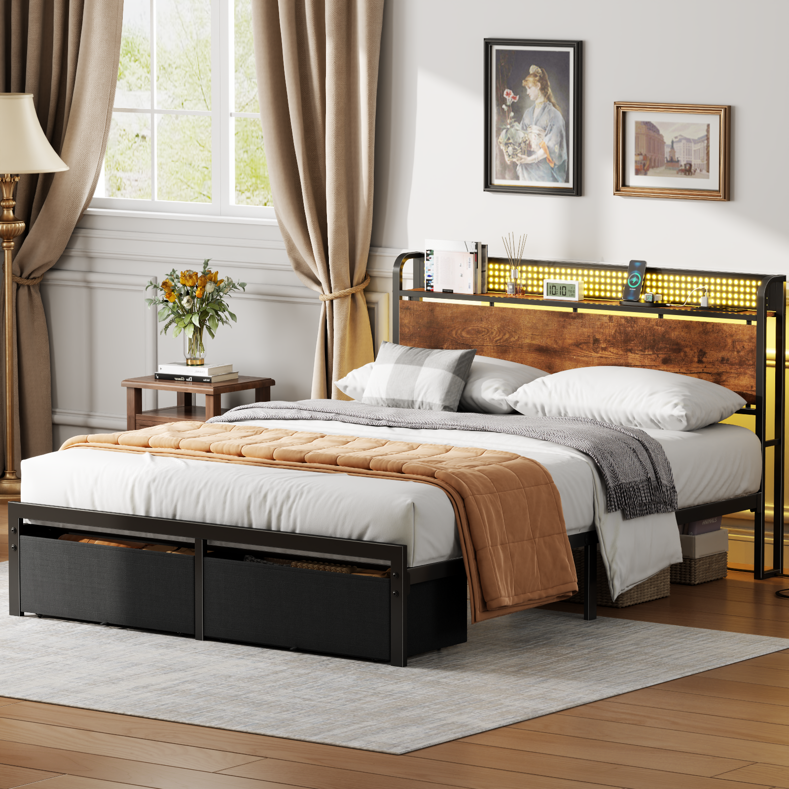 Furnulem Full Size Bed Frame with Headboard Storage Platform Bed Frame Full Size Charging Station and LED Lights
