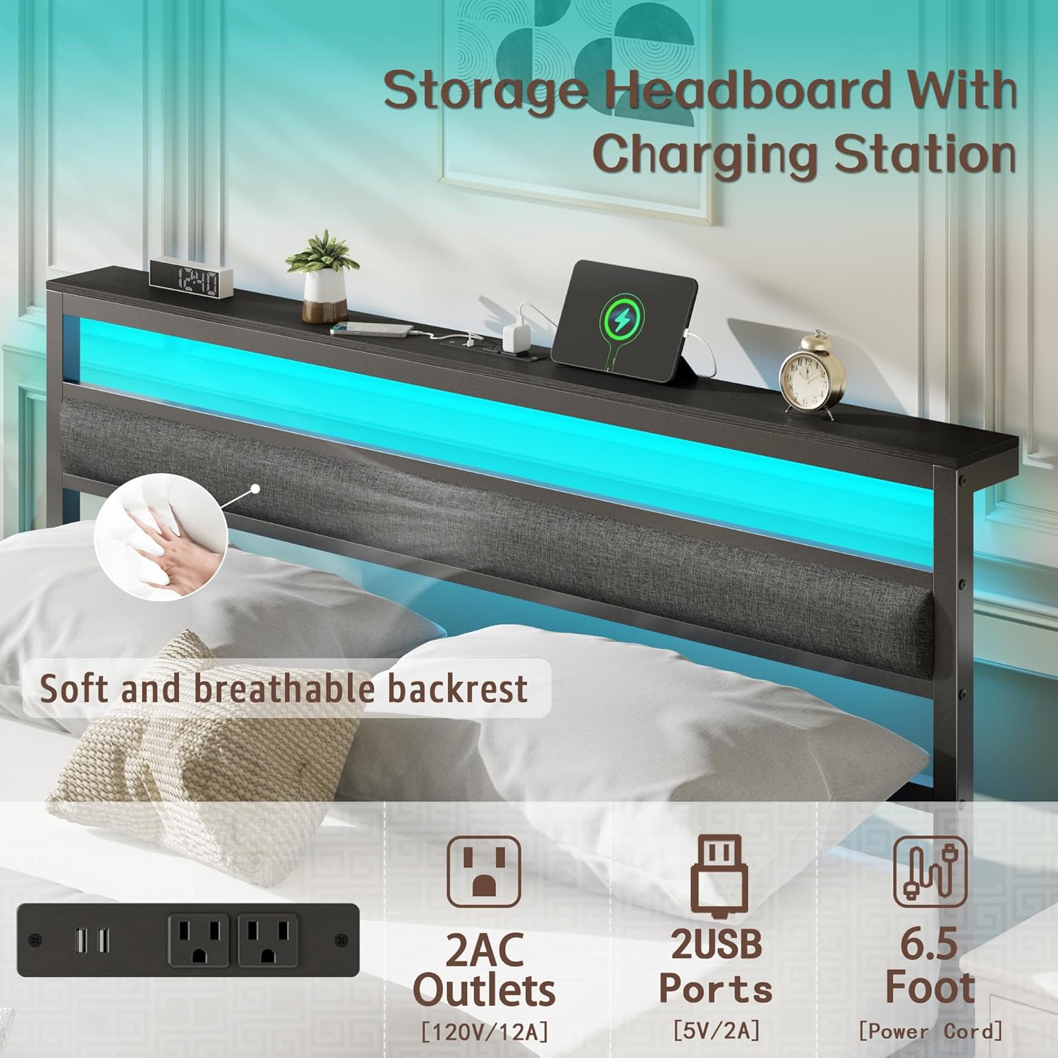 Queen Bed Frame with Led Lights and Charging Station Bed Frame with Headboard and Under Bed Storage Metal Platform Bedframe and Storage Shelf