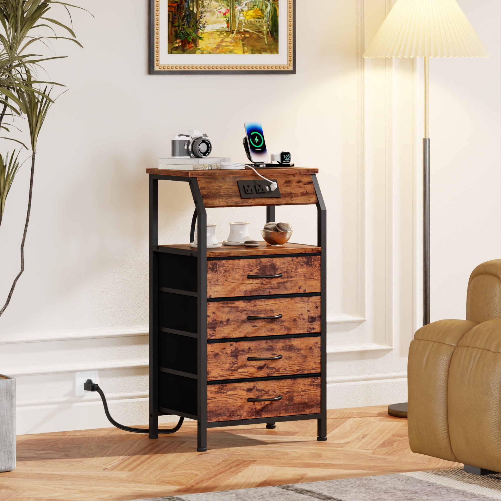 Furnulem Nightstands with 3/4/5 Drawers & Outlets, Bedside Tables with 2 USB Ports & 2-Tier Open Shelf