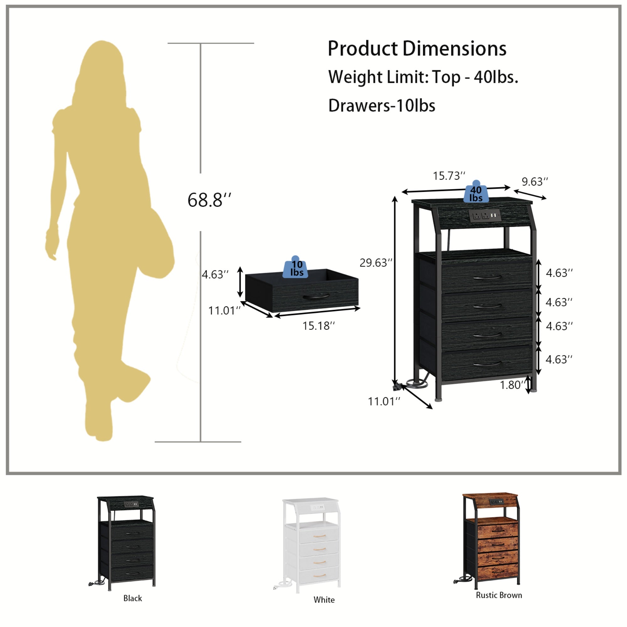 Furnulem Nightstands with 3/4/5 Drawers & Outlets, Bedside Tables with 2 USB Ports & 2-Tier Open Shelf