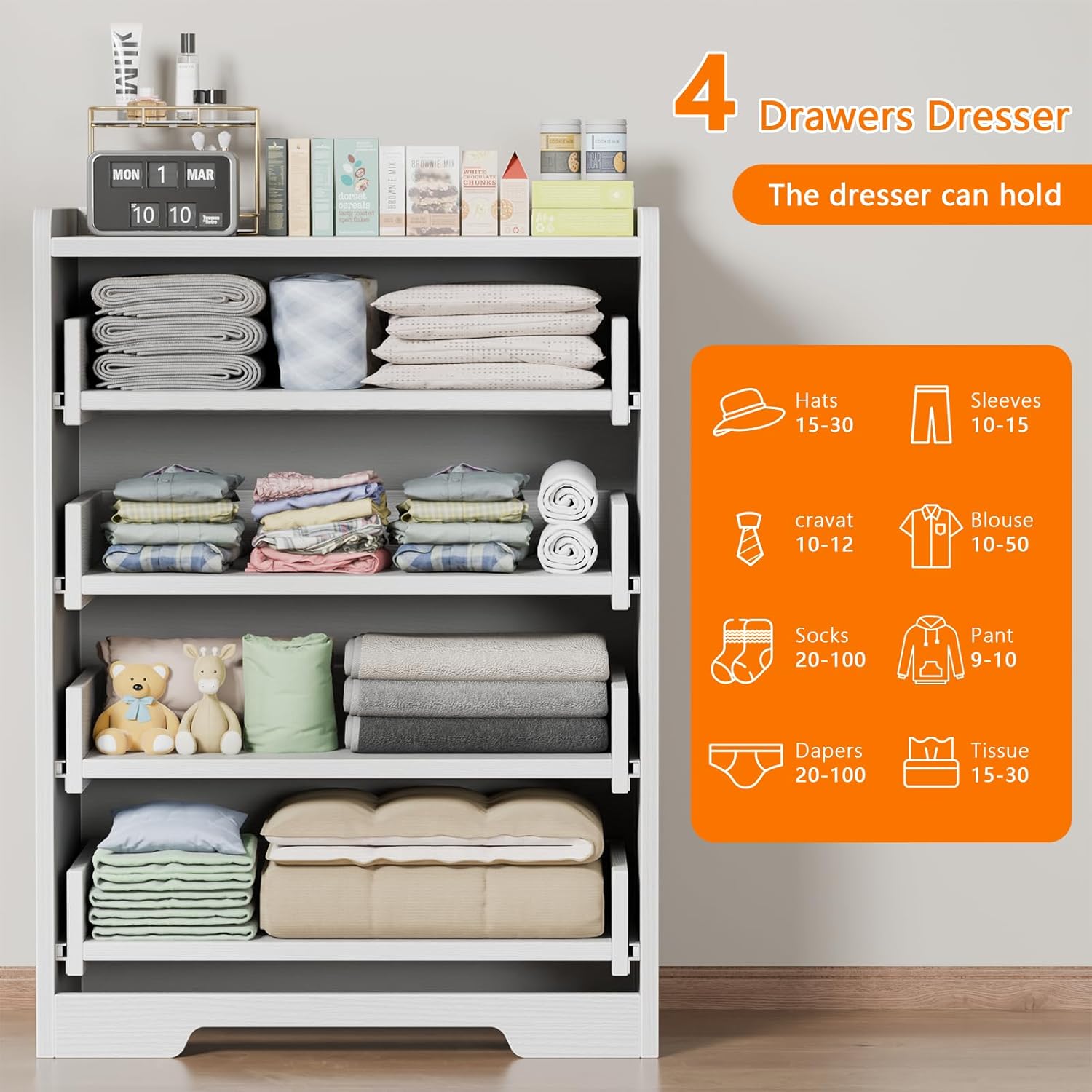 Furnulem White 4-Drawer Dresser – Wood Storage Chest for Bedroom, Living Room, or Hallway