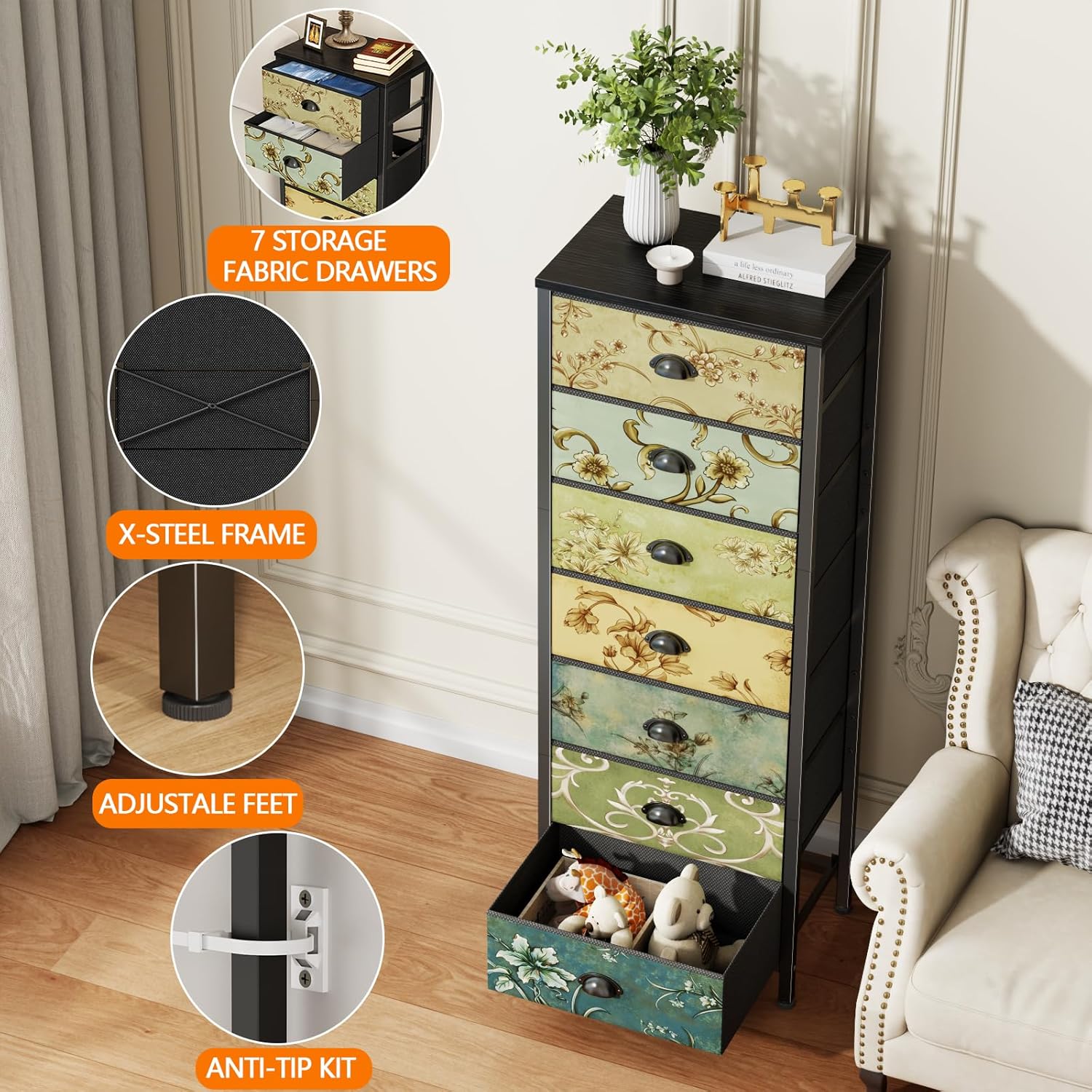 Furnulem Tall 7-Drawer Dresser – Vintage Fabric Storage Tower for Bedroom or Closet