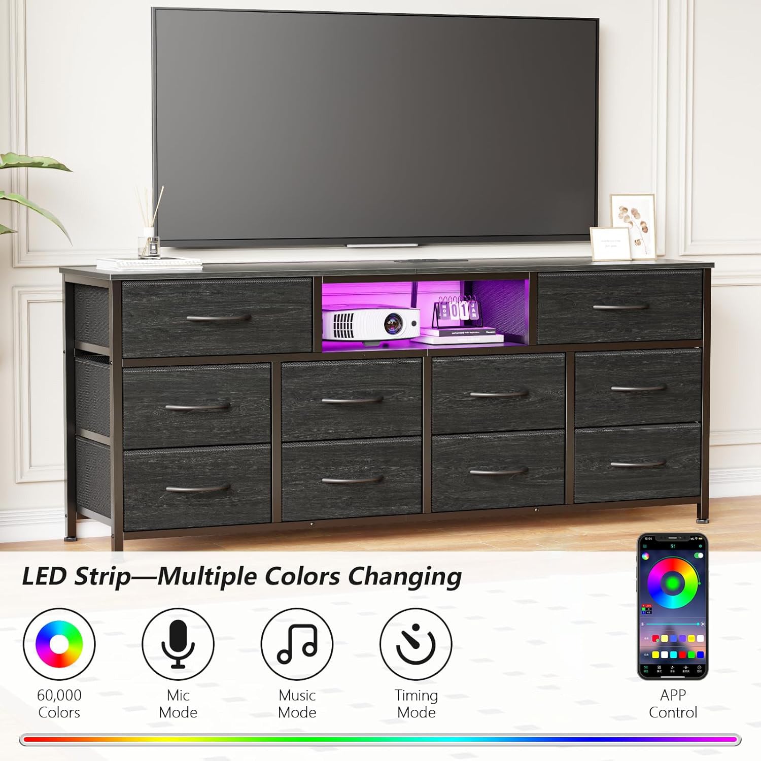 Furnulem 55” Long Dresser for Bedroom TV Stand for 55 to 65 inch TV Black Dresser with 10 Fabric Drawers Chest Center with Power Outlet LED Light