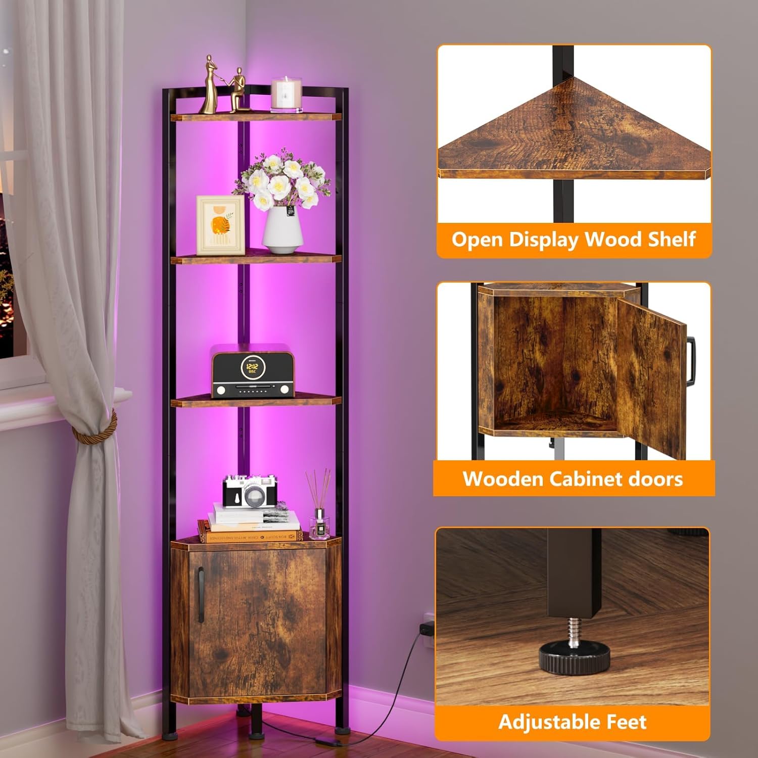 Furnulem 5-Tier Corner Shelf with LED Light, Standing Display Bookshelf with Storage for Bedroom, Living Room, Kitchen