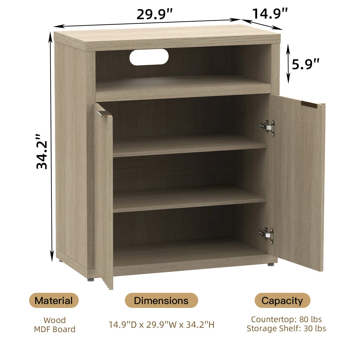 Sideboard With Open Storage Space & 2 Adjustable Shelves
