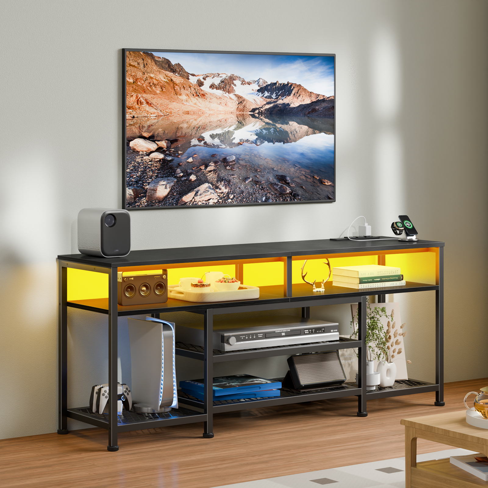 55 Inch Black TV Stand with Charging Station LED Lights Entertainment Center for TVs up to 60 Inch Media Console Storage Shelves Living Room Bedroom