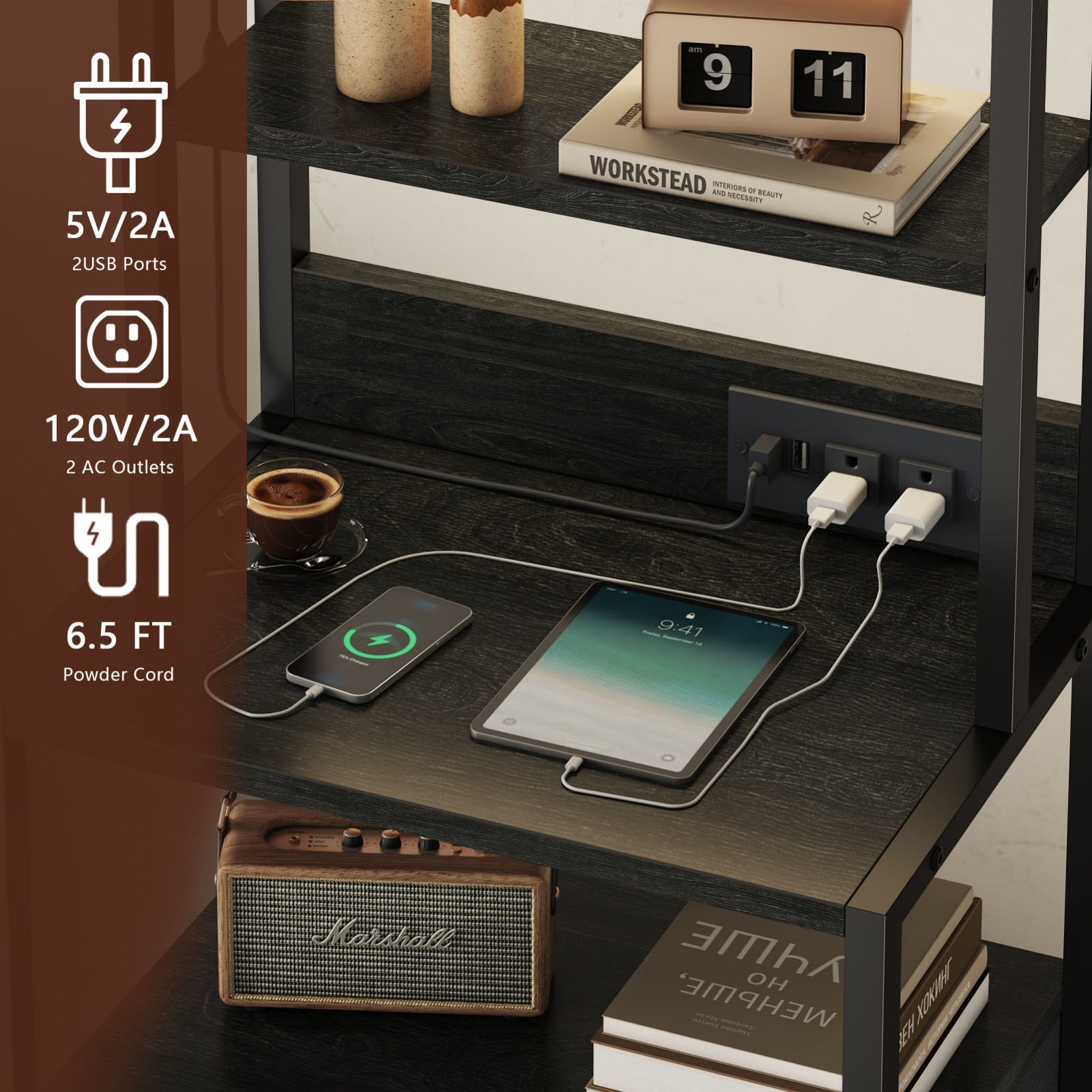 Furnulem Night Stand, Tall Nightstand with 4-Tier Shelves and 3 Fabric Drawers