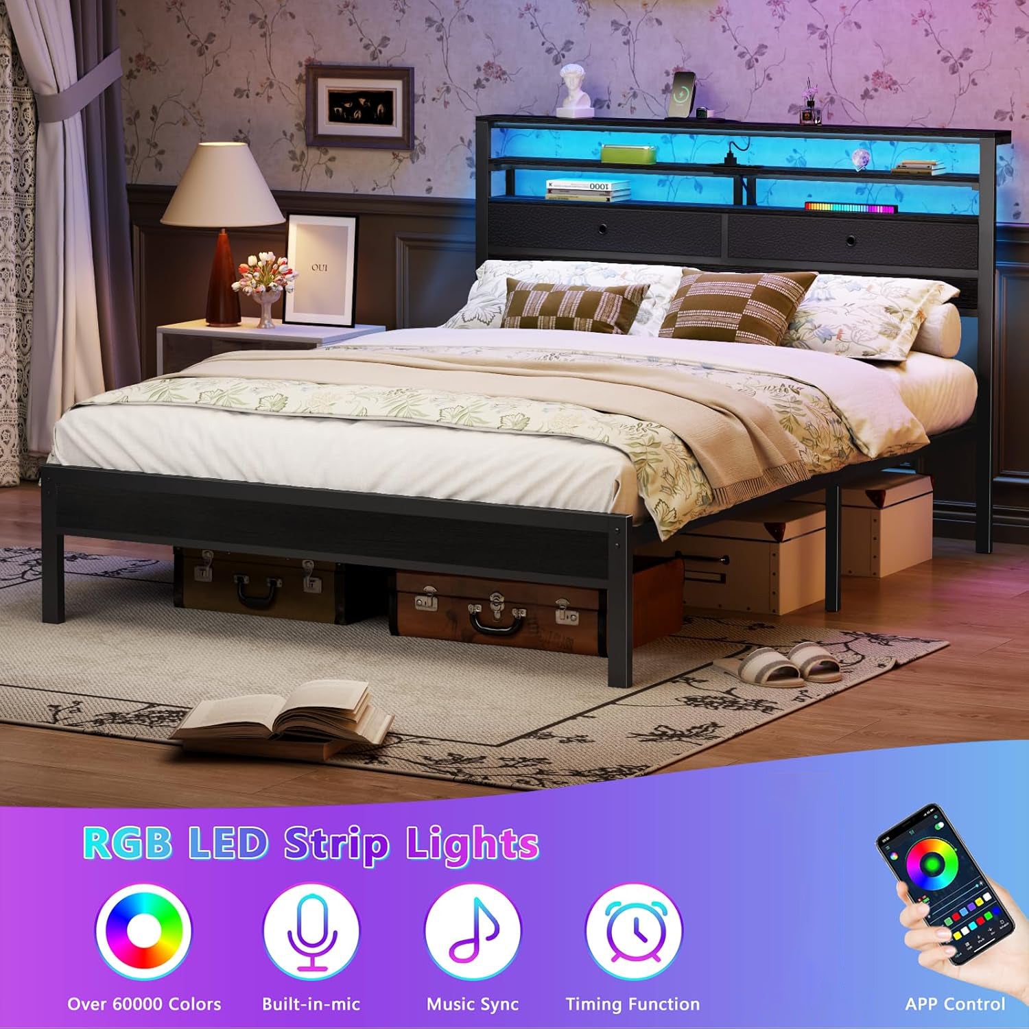 Furnulem Queen Bed Frame with Headboard 2 Fabric Drawers Bed Frame Featuring LED Lights Built-in Charging Station Storage No Box Spring Needed