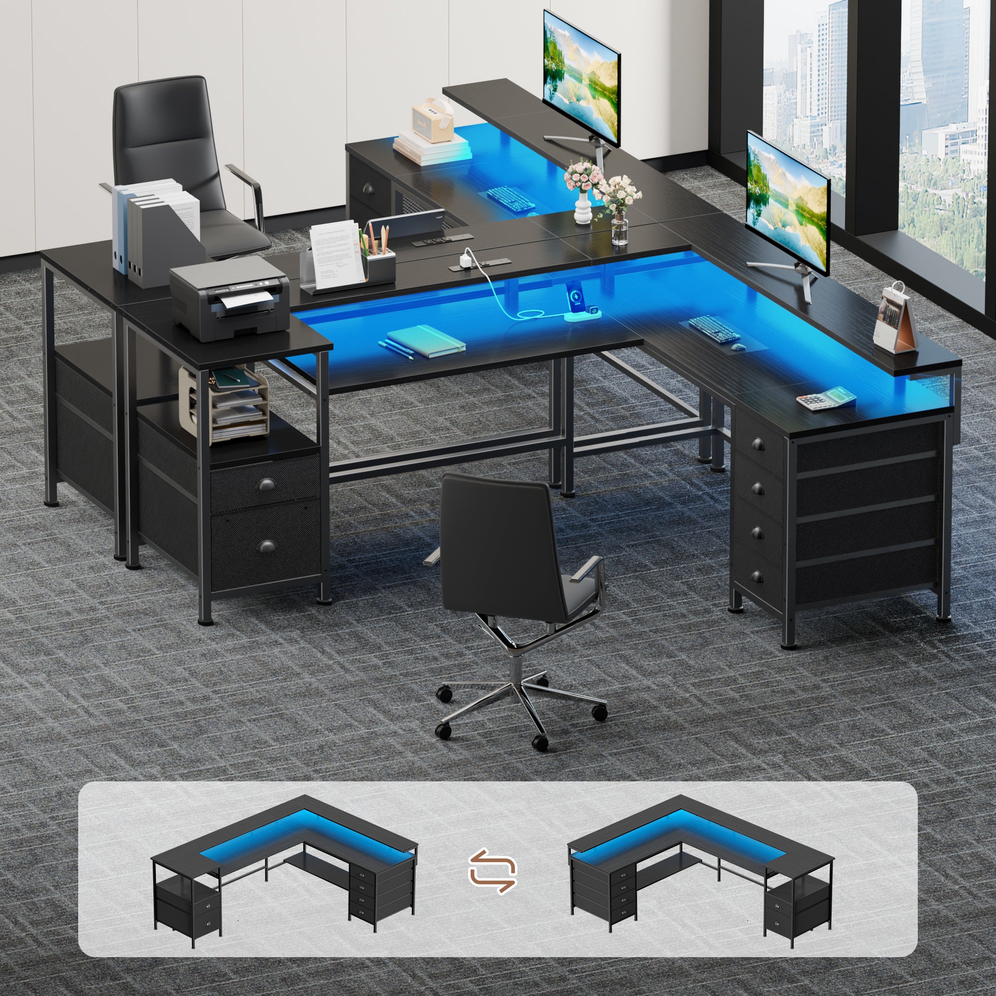 66 Inch Black L Shaped Gaming Desk with Charging Station Reversible Corner Computer Desk LED Lights 6 Drawers Monitor Stand Printer Shelf Storage