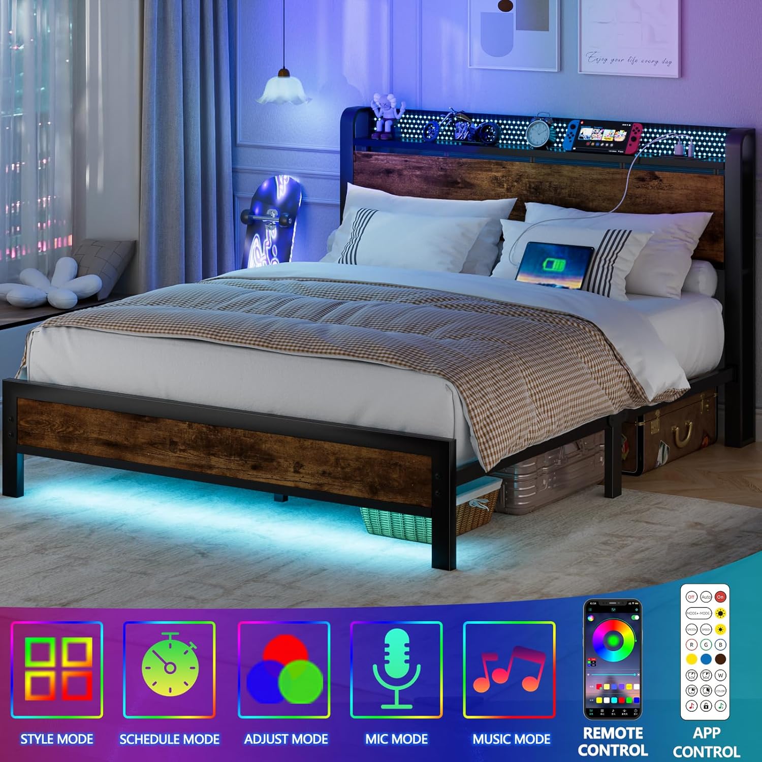 Furnulem Queen Bed Frame with Charging Station and LED Lights,Industrial Platform Beds with Storage Headboard USB Port Rustic Wood and Strong Metal