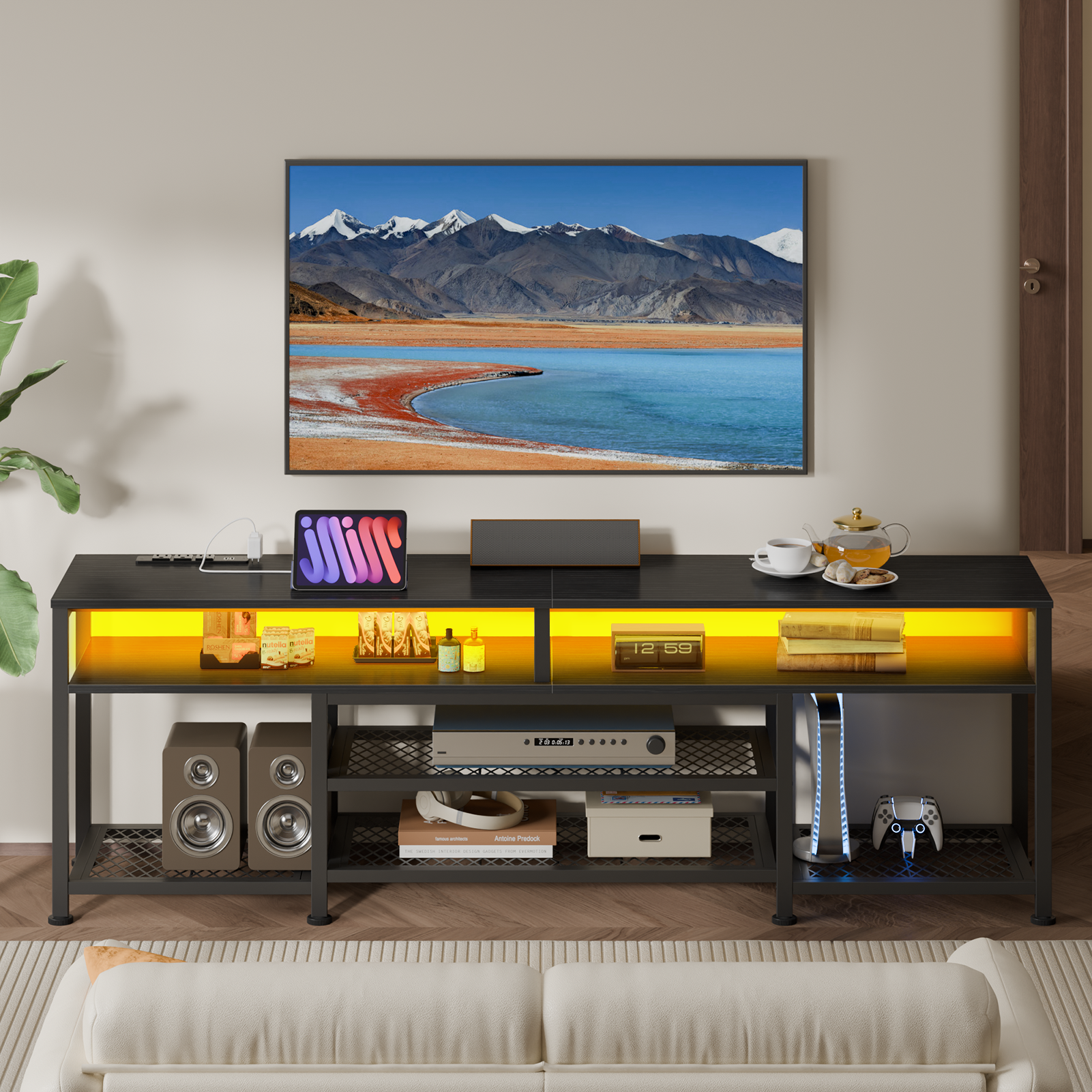 71 Inch Black TV Stand with Charging Station LED Lights Entertainment Center for TVs up to 80 Inch Media Console Storage Modern Living Room Bedroom
