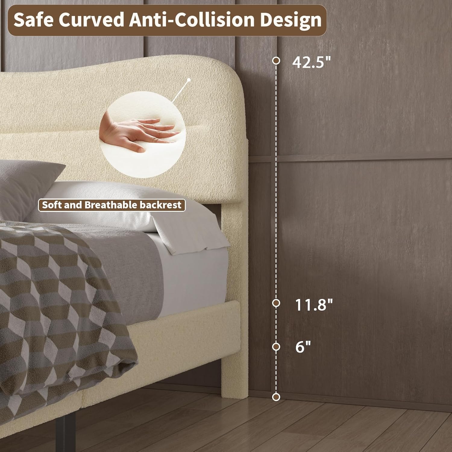 Full Size Bed Frames with Headboard Upholstered Bed Frame Teddy Soft Boucle Fabric bedframes Soft Cloud Marshmallow Shape Upholstered Headboard