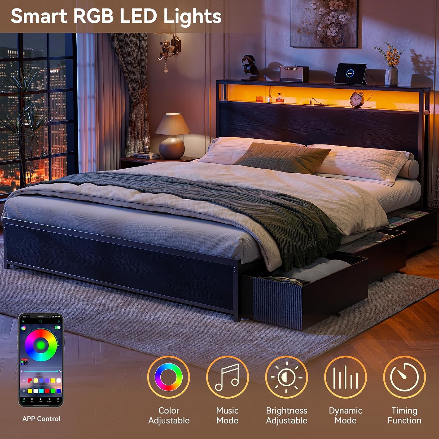 Qwatto Queen Bed Frame 6 Drawers Storage Headboard LED Lights Charging Station Metal Platform Bed Black No Box Spring Needed Noise Free 2 Tier USB Shelf