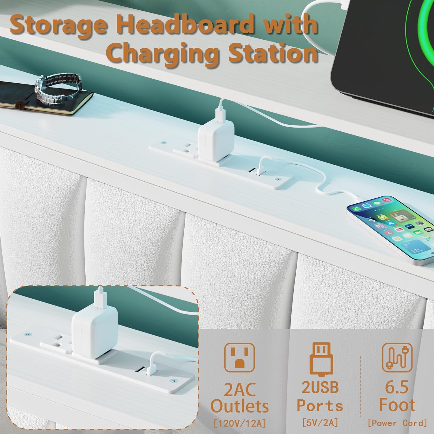 Furnulem White Queen Bed Frame with Charging Station Led Lights Pu Leather Upholstered Headboard W/ 2-Tier Storage Shelves No Box Spring Needed
