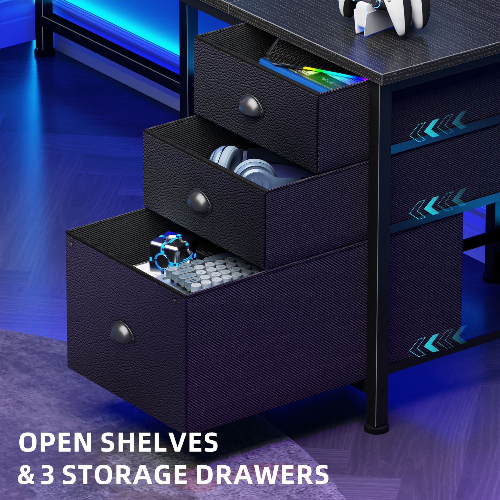 Qwatto 63 Inch L Shaped Gaming Desk Black Computer Corner Table with Power Outlets USB C Ports File Fabric Drawers Large Storage for Writing Bedrooms
