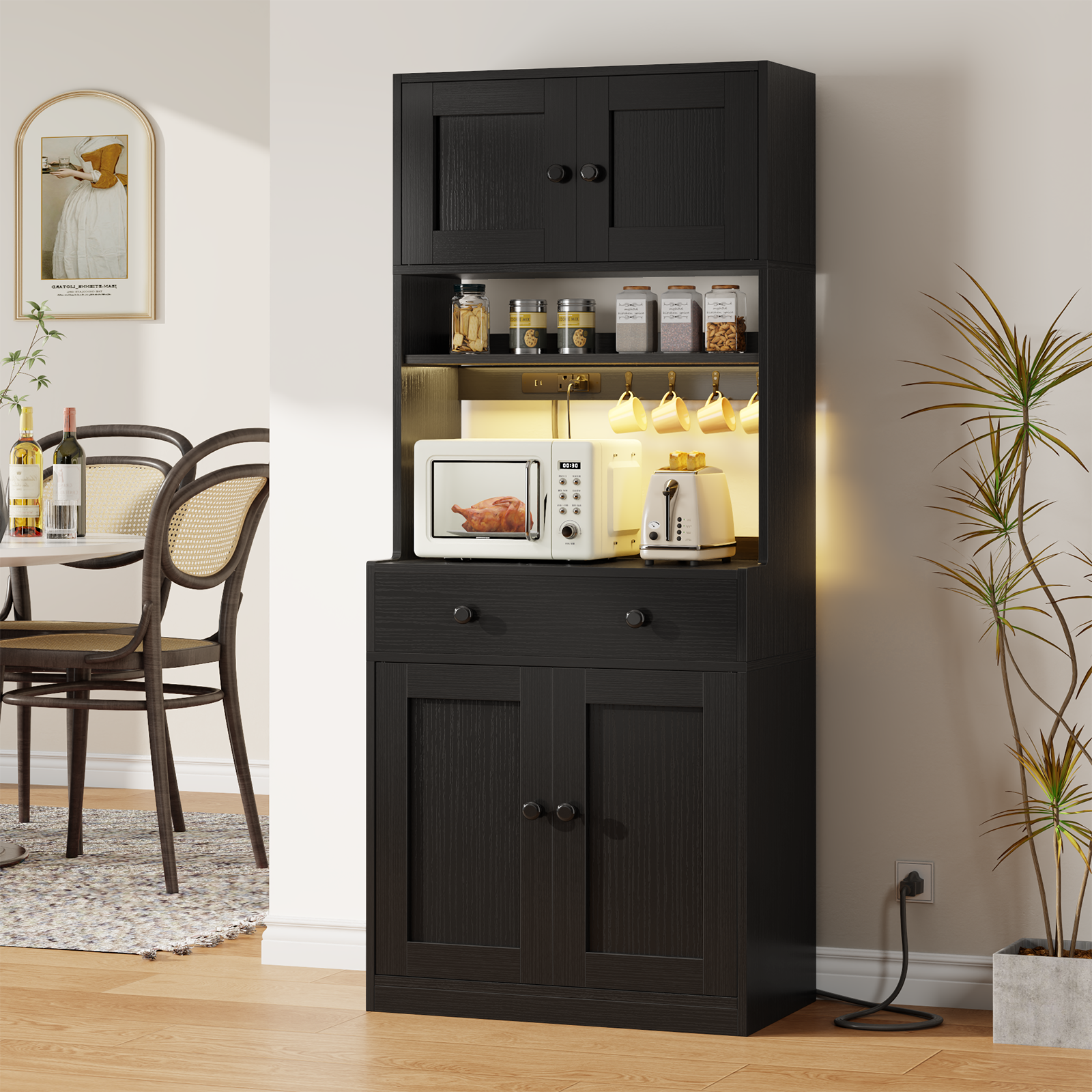 71 Inch Black Kitchen Pantry Storage Cabinet Farmhouse Freestanding Microwave Stand with Hutch Doors and Drawers for Dining Room and Coffee Bar Uses