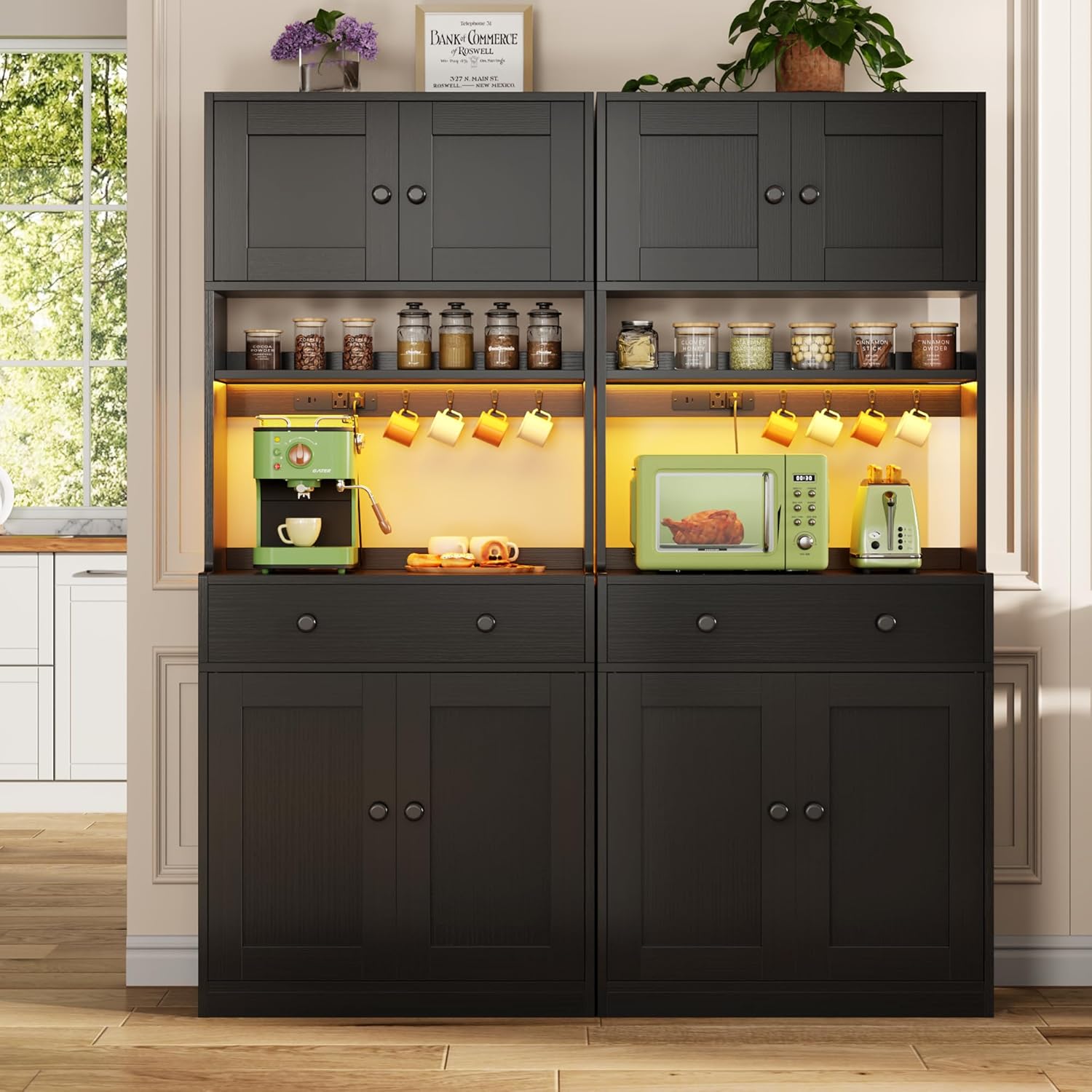 71 Inch Black Kitchen Pantry Storage Cabinet Farmhouse Freestanding Microwave Stand with Hutch Doors and Drawers for Dining Room and Coffee Bar Uses