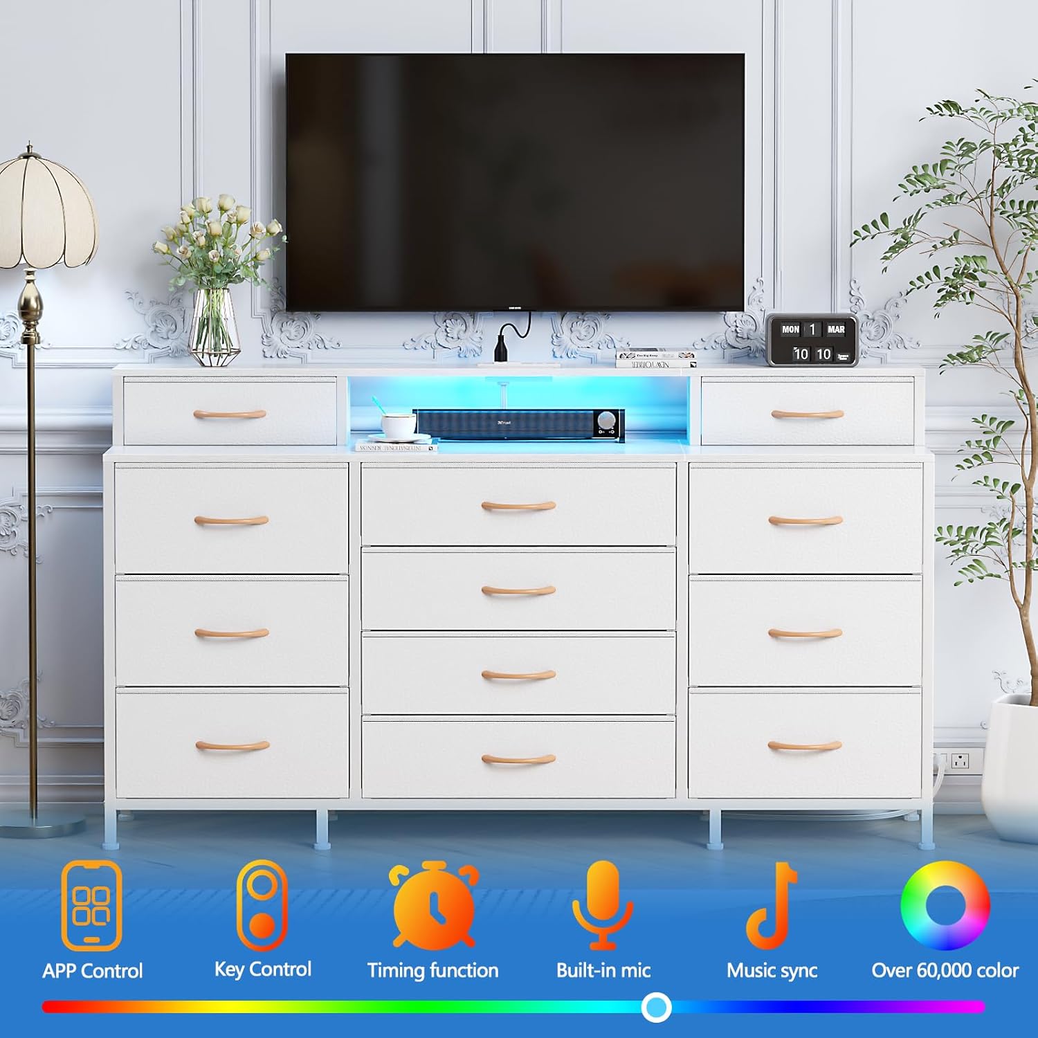 Furnulem 63" Dresser with LED & Outlets – 12 Drawers & 2 Shelves