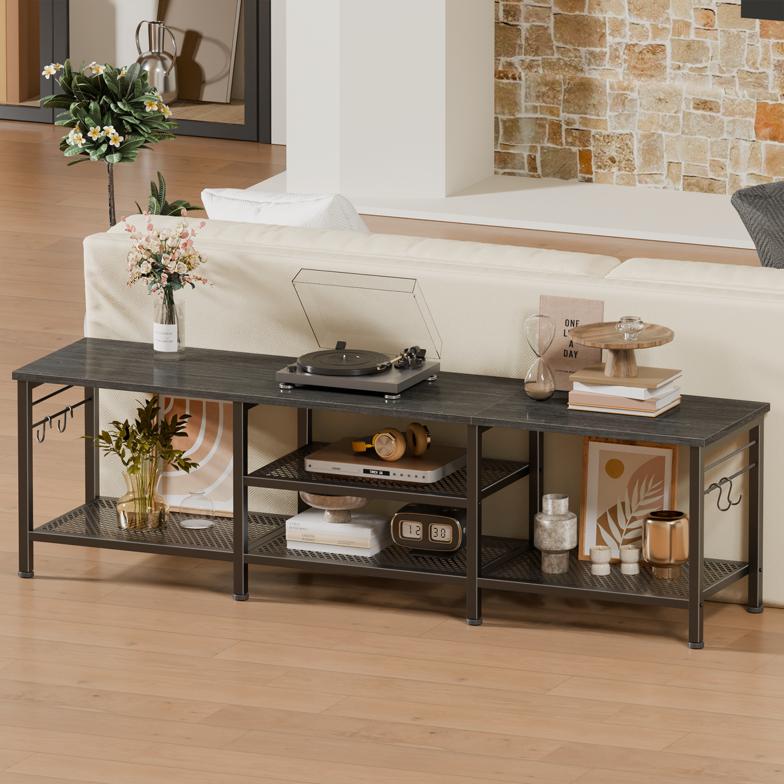 Qwatto 63 Inch Black Oak TV Stand for TVs up to 70 Inch Media Console Entertainment Center with Soundbar Shelf Open Storage Shelves Living Room Decor