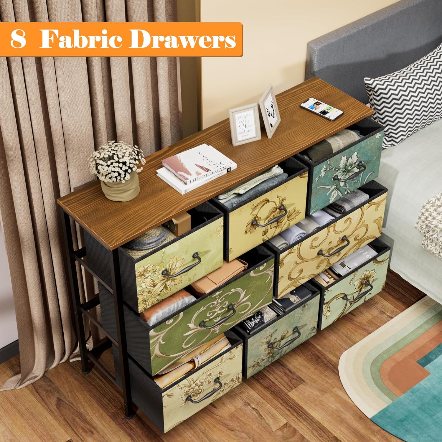 Fabric Dresser for Bedroom 8 Drawer Chest of Drawers Retro Flower Ideal for Adults Furniture for Bedroom Living Room Hallway