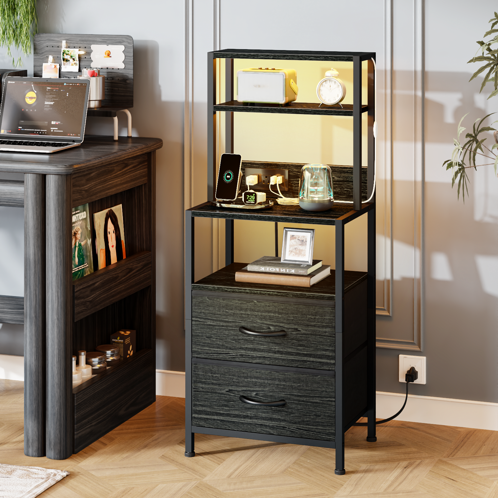 Furnulem Night Stand, Tall Nightstand with 4-Tier Shelves, 2 Fabric Drawers and Light Tube, Bed Side Tables with Charging Station, Bedside Table for Bedroom, Office, Rustic Brown