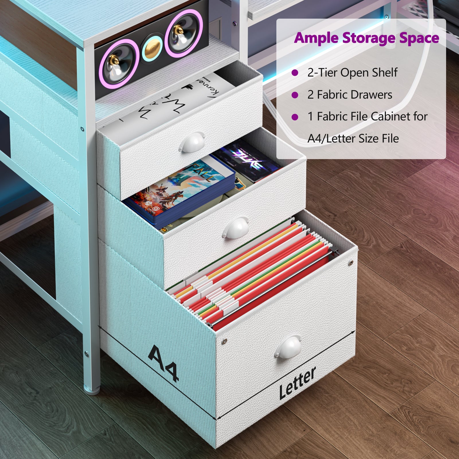 60 Inch White Computer Desk with Charging Station Gaming Desk LED Lights 4 Drawers File Cabinet Storage Home Office Work Table Modern Bedroom Study