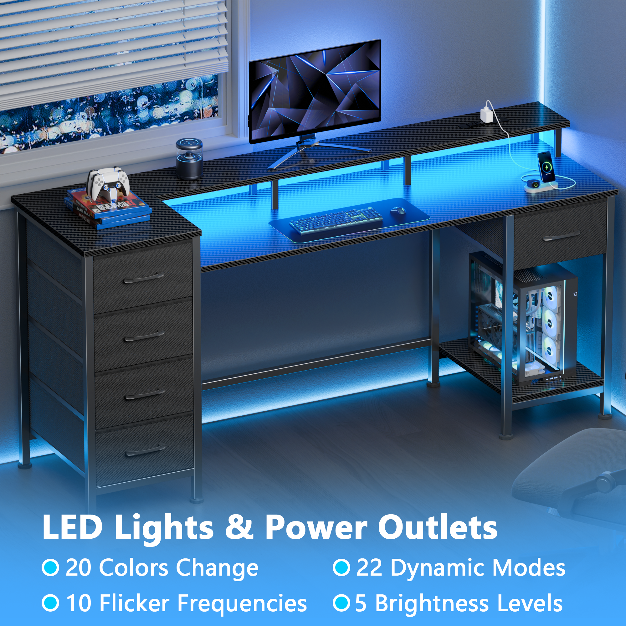 Qwatto 55 Inch Computer Desk with Charging Station Reversible Gaming Desk LED Lights Fabric Drawers Home Office Writing Table Bedroom Study Storage