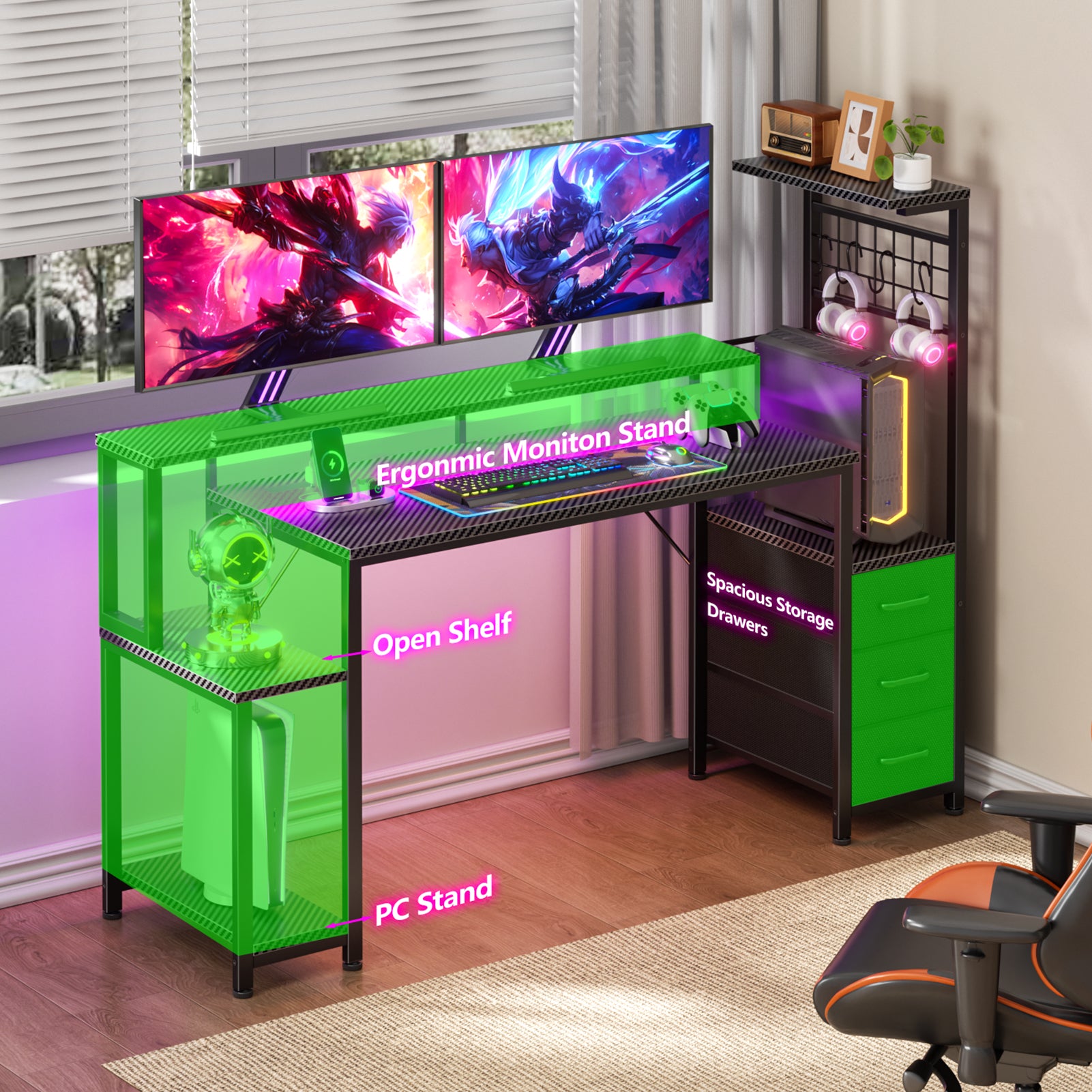 55 Inch Gaming Computer Desk Workstation with Fabric Storage Drawers Monitor Stand and Reversible Setup for Home Office Bedroom Classic Black Finish