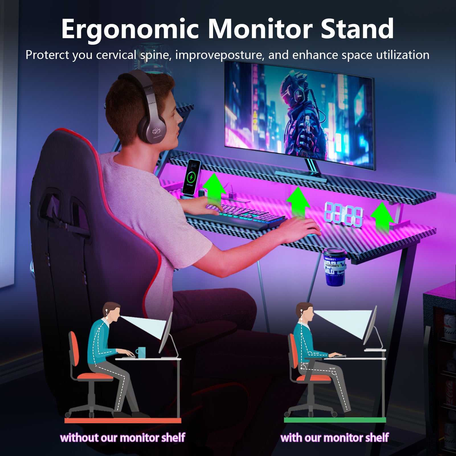 55 Inch Black Gaming Desk L-Shaped Computer Desk with Shelves and Monitor Stand Gamer Workstation for Small Room Home Office PC Setup Sturdy Desk