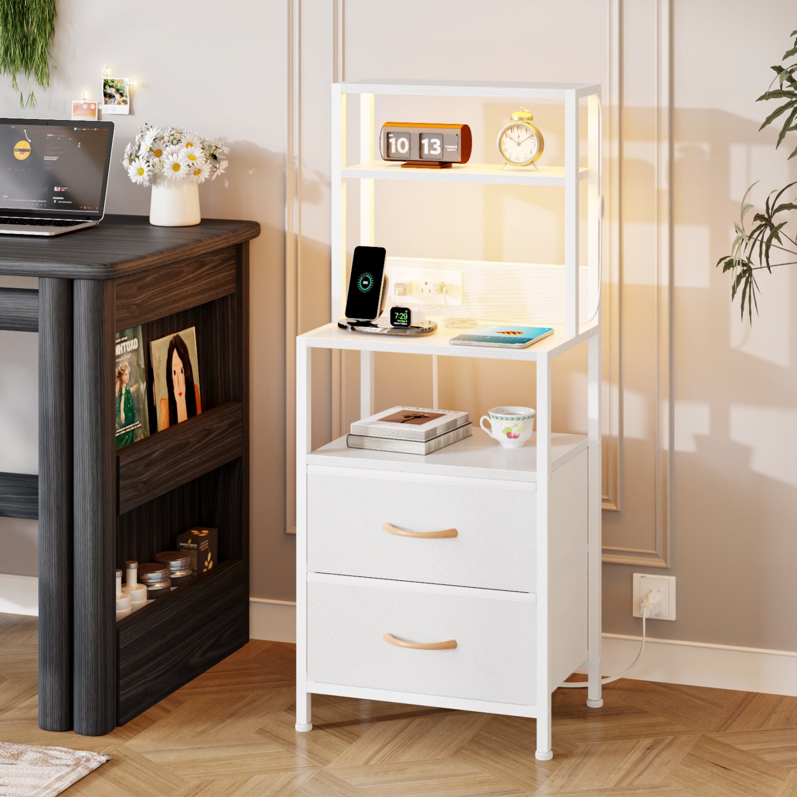 Furnulem Night Stand, Tall Nightstand with 4-Tier Shelves, 2 Fabric Drawers and Light Tube, Bed Side Tables with Charging Station, Bedside Table for Bedroom, Office, Rustic Brown