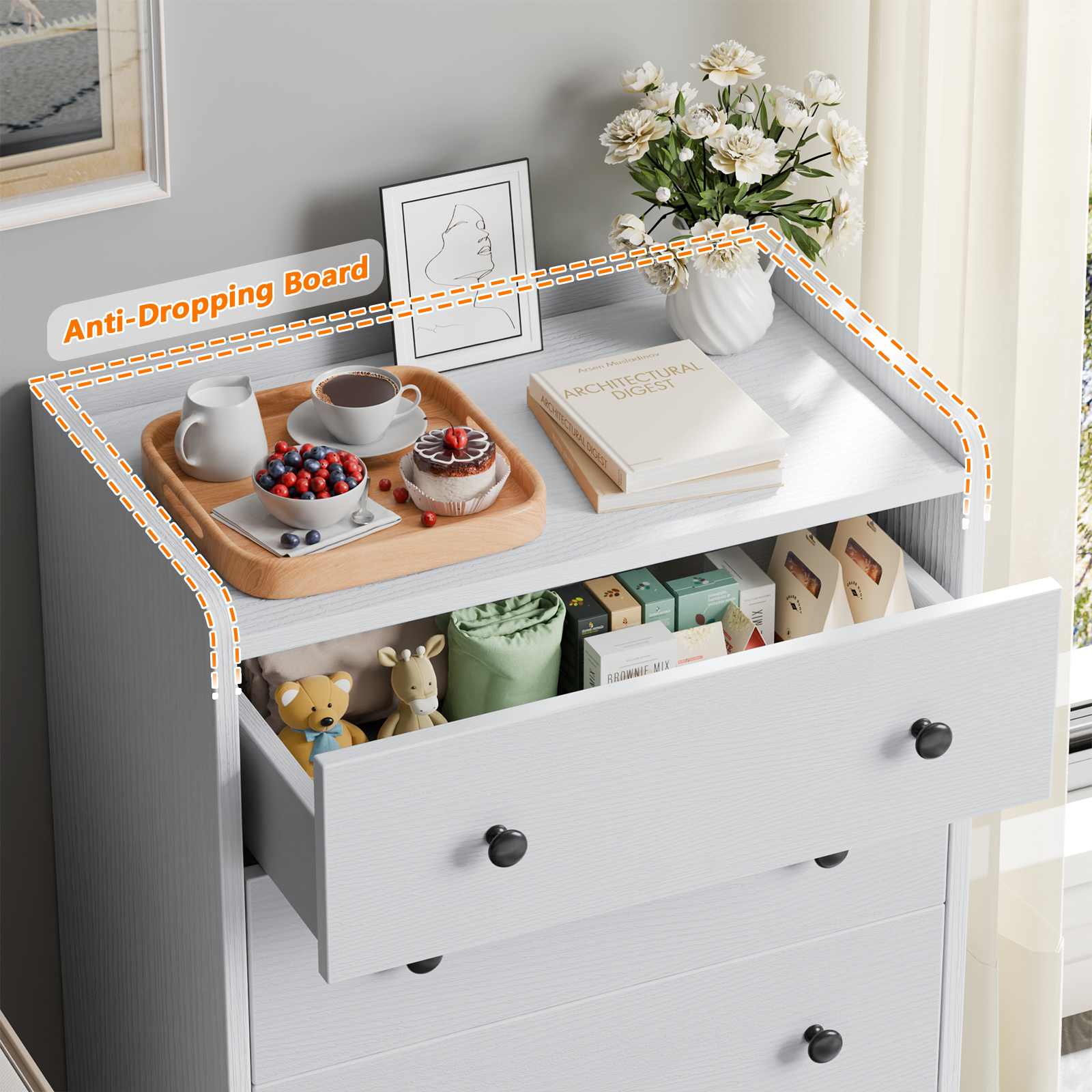 Furnulem 4-Drawer Dresser for Bedroom - White Wood Chest of Drawers Closet Storage Cabinet Organizer for Bedroom