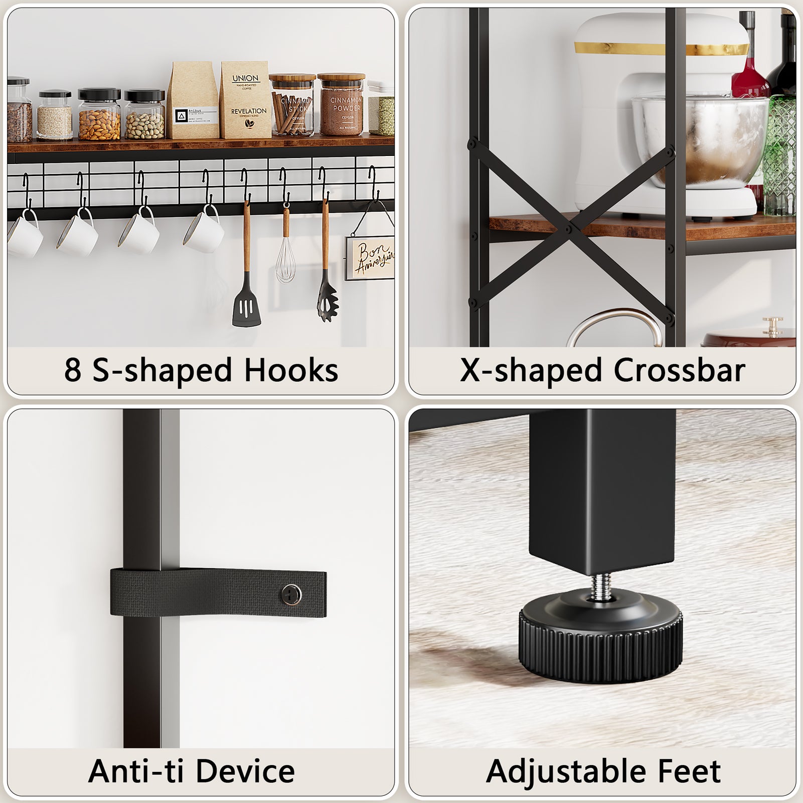 Qwatto Kitchen Bakers Rack with Power Outlets 31.5 -inch Coffee Bar Station 4 Tier Microwave Stand Storage Shelf with S Hooks Rustic Brown Utility Table