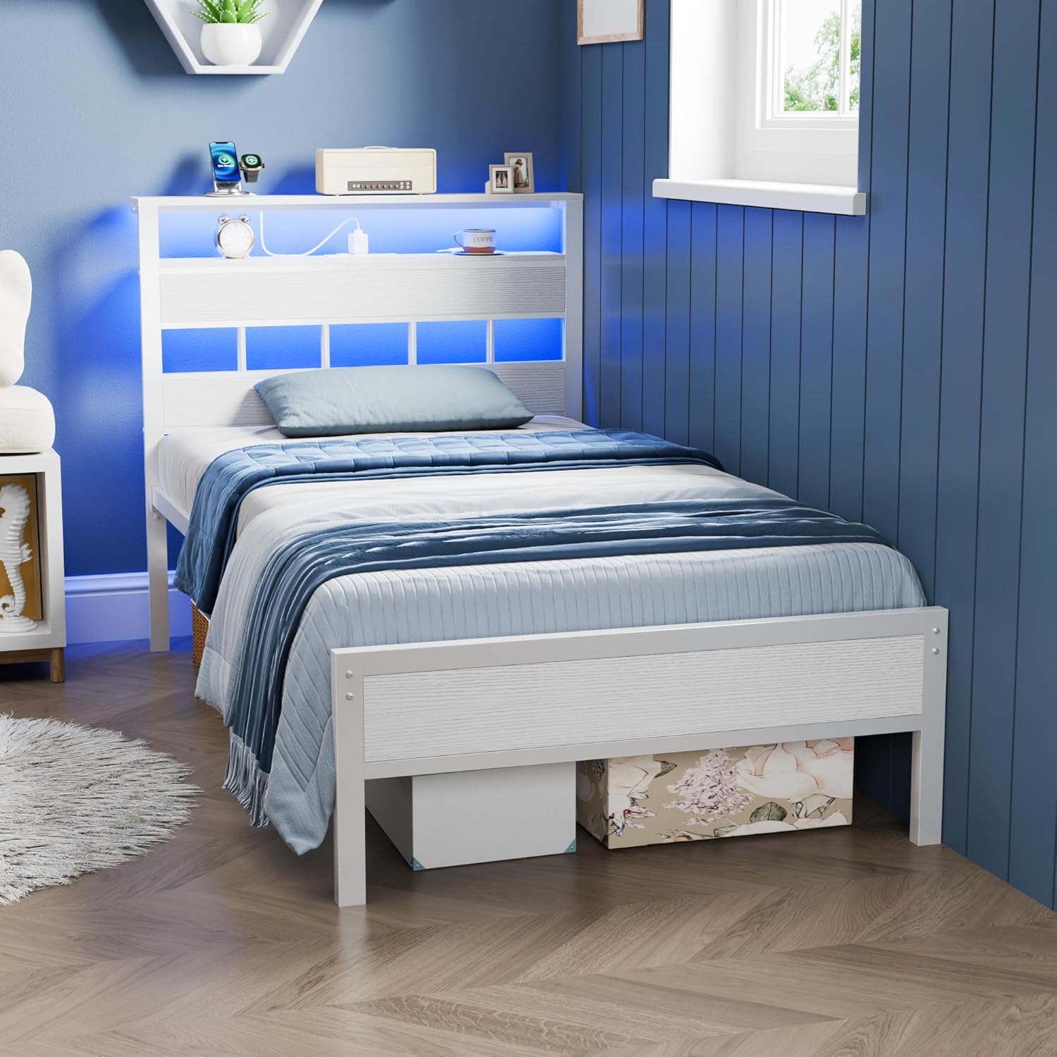 Furnulem Twin Bed Frame with LED Lights & Charging Station, Wood Headboard with Storage, No Box Spring Needed