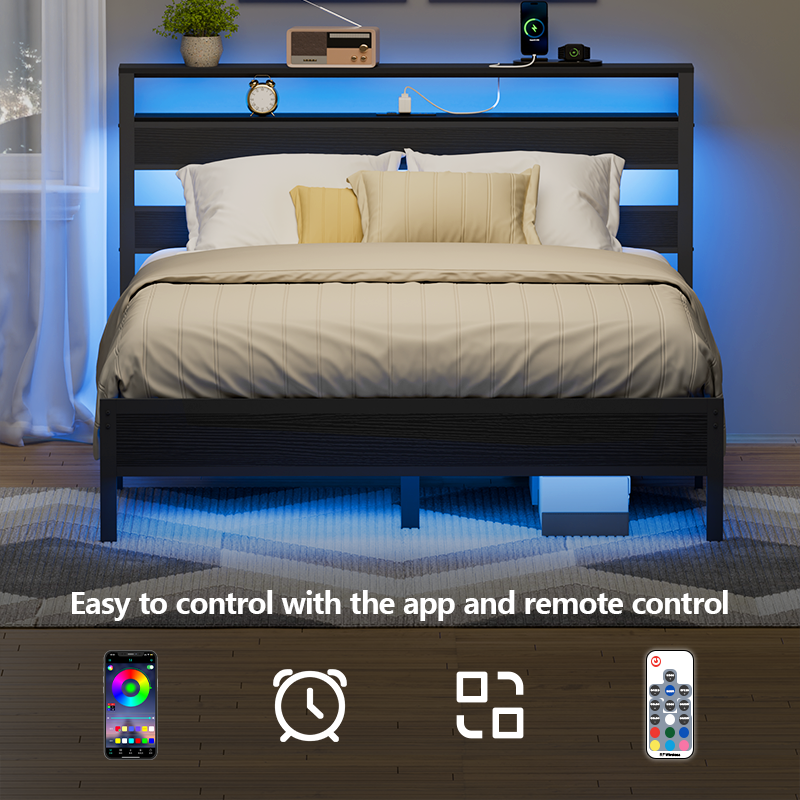 Furnulem Queen Bed Frame with Storage Headboard, LED Lights & Charging Station