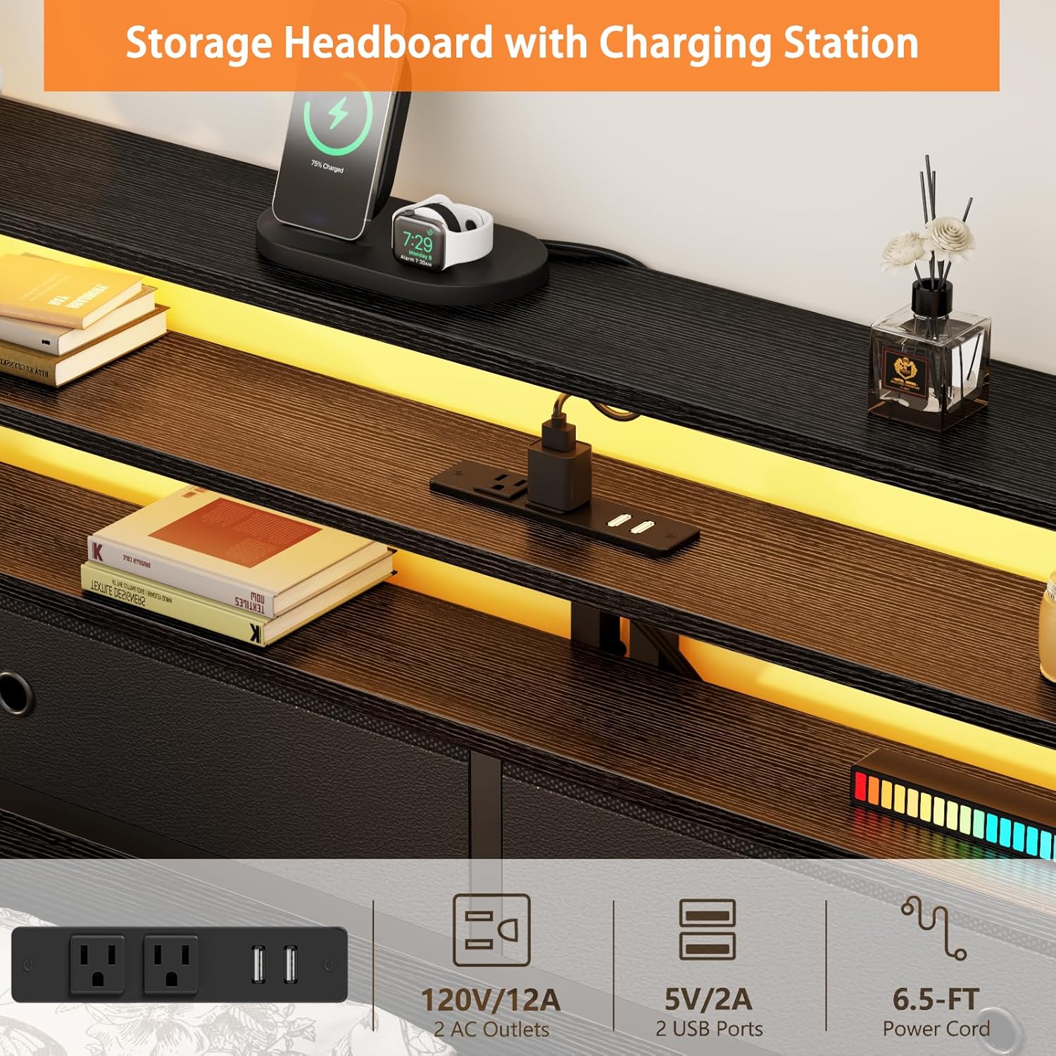 Furnulem Full Size Bed Frame with Headboard 2 Fabric Drawers Bed Featuring LED Lights Built-in Charging Station Storage Shelves No Box Spring Needed