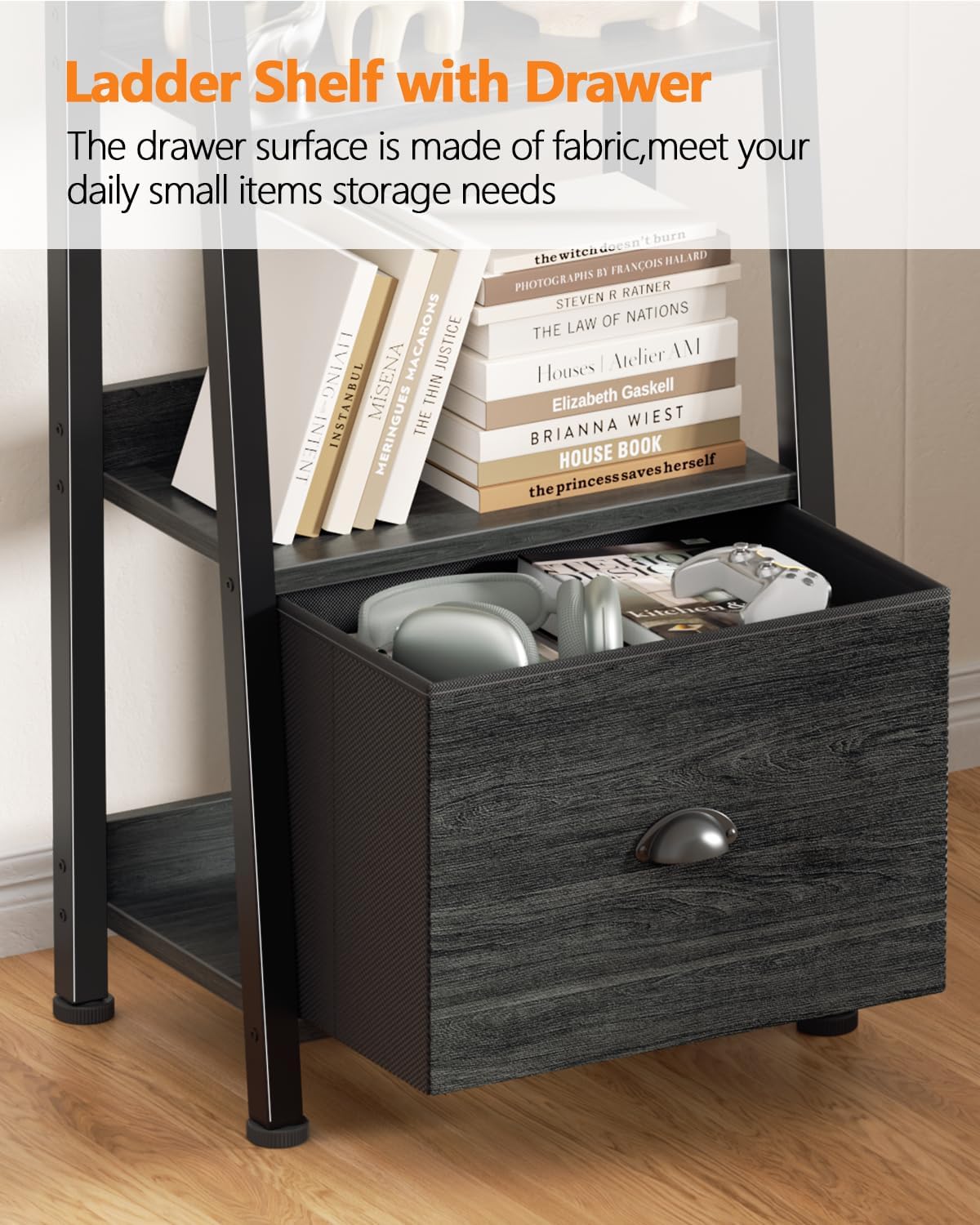 Qwatto Black 6 Tier Ladder Bookshelf with Drawer Tall Industrial Wood Metal Freestanding Storage Rack Etagere Display Bookcase for Home Office Rooms