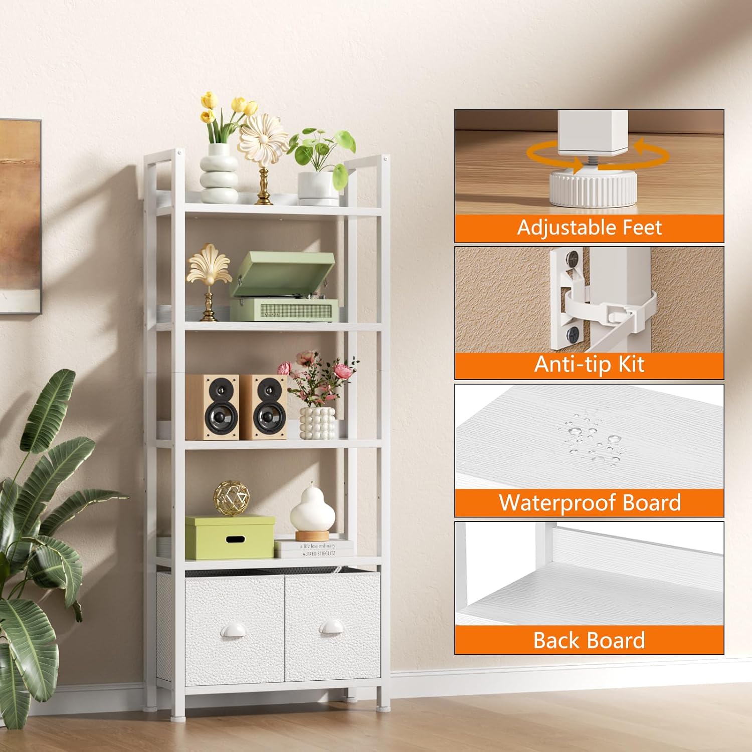 Qwatto 5 Tier Bookshelf with Drawers White Tall Wood and Metal Bookcases Modern Industrial Storage Organizers Display Shelving Unit Office Furniture