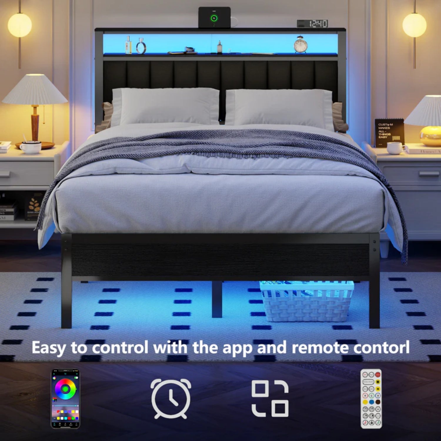 Furnulem Bed Frame with Charging Station, LED Lights & Storage Shelves – Metal Slats, No Box Spring